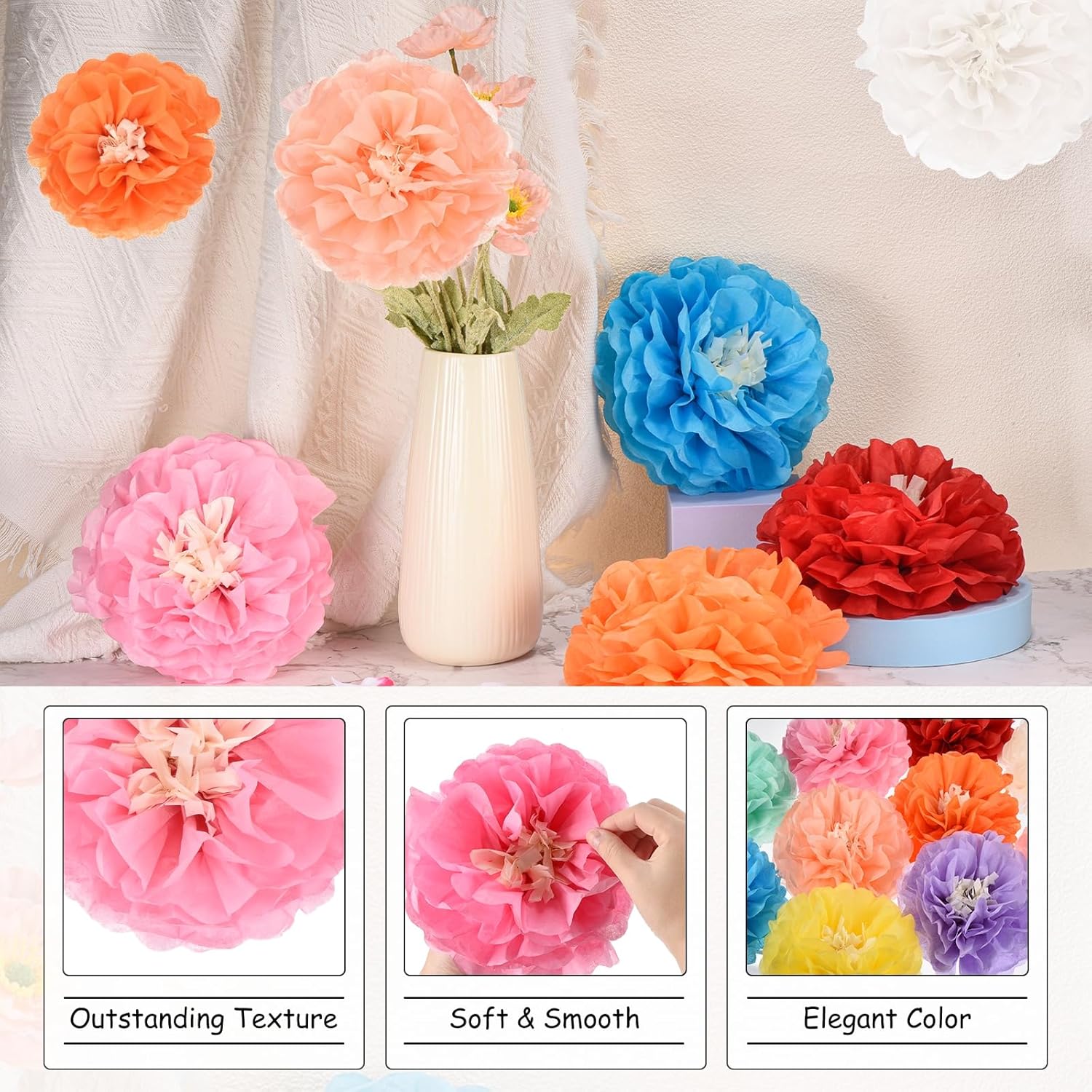 Rebower 6 Pcs Pink Paper Flowers 8 Inch Decor