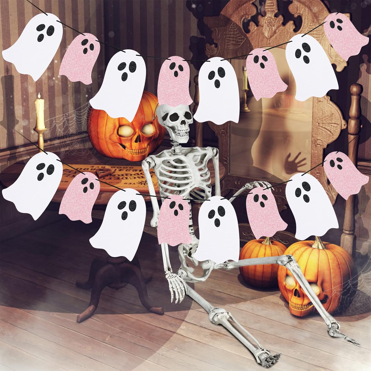 2 Pack Pink and White Halloween Ghost Garland Banner Decorations