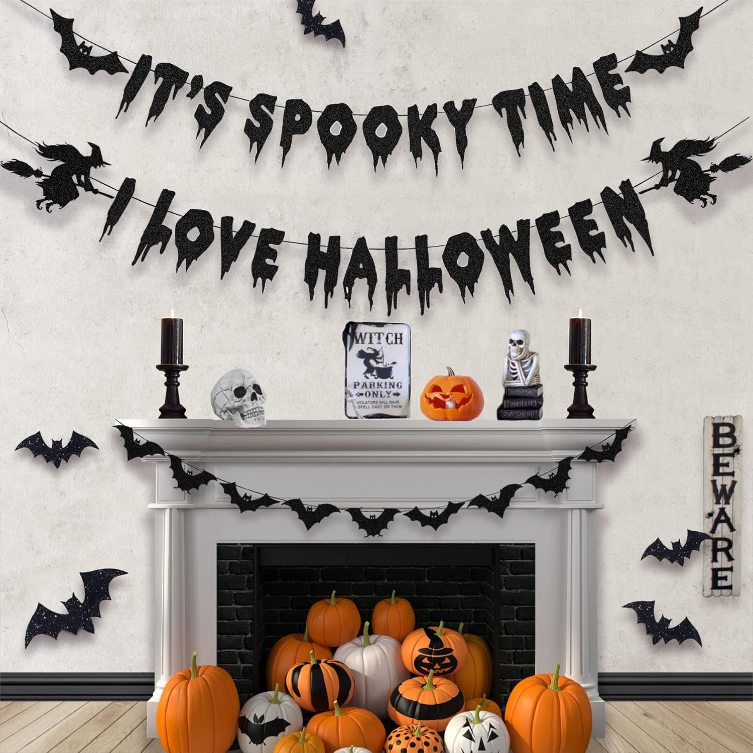 Halloween Decorations Glittery Black Banner Garland Bats