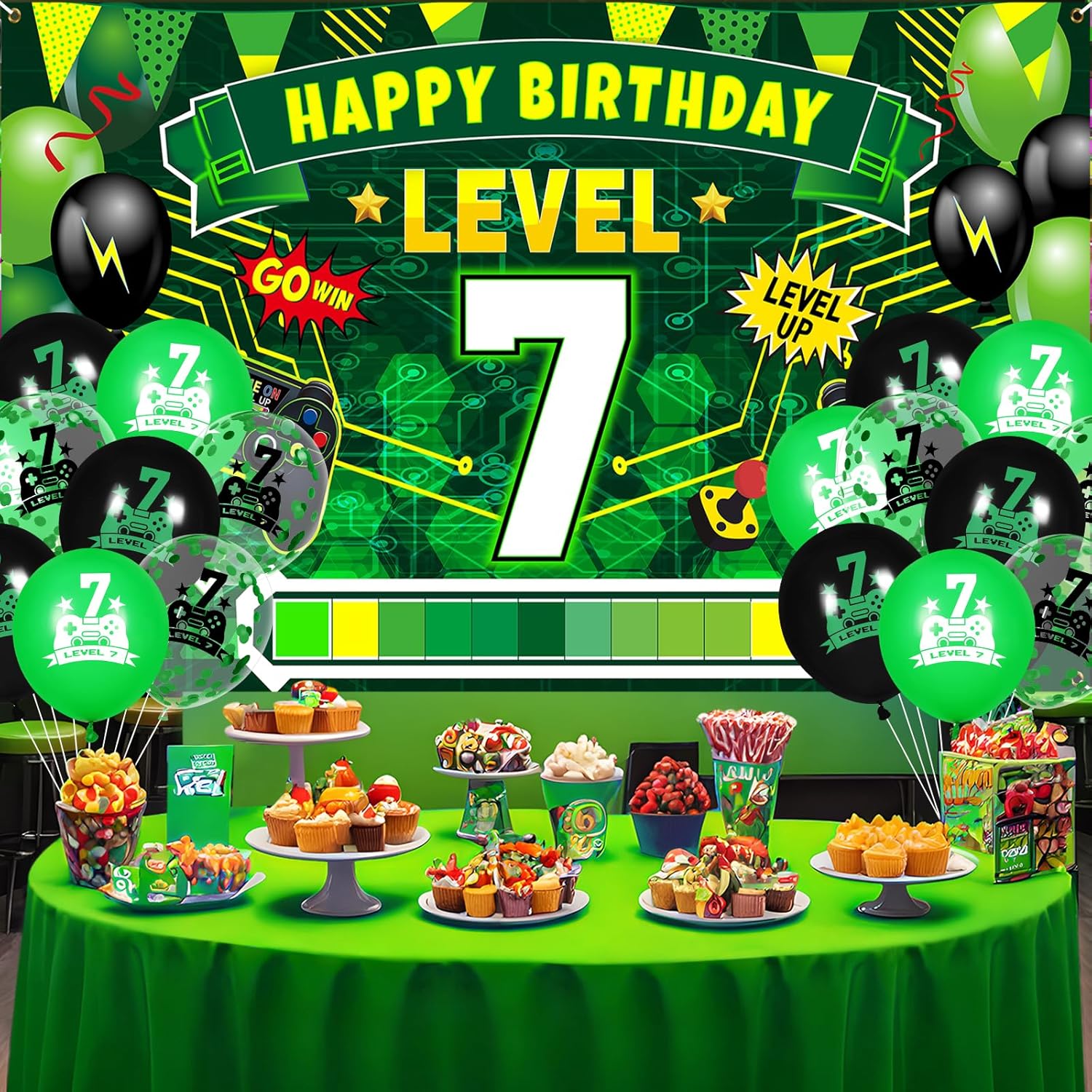 Level Up 7th Birthday Banner and Balloons Set
