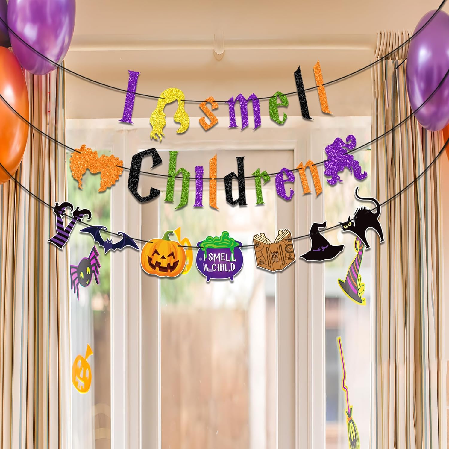 Pre-Strung I Smell Children Halloween Banner with Witches Hair