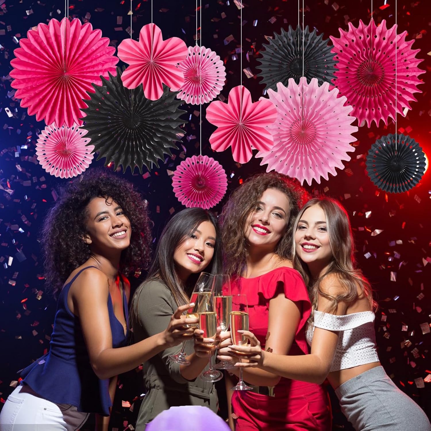 11PCS Hanging Paper Fans Pink Black Birthday Party Decorations