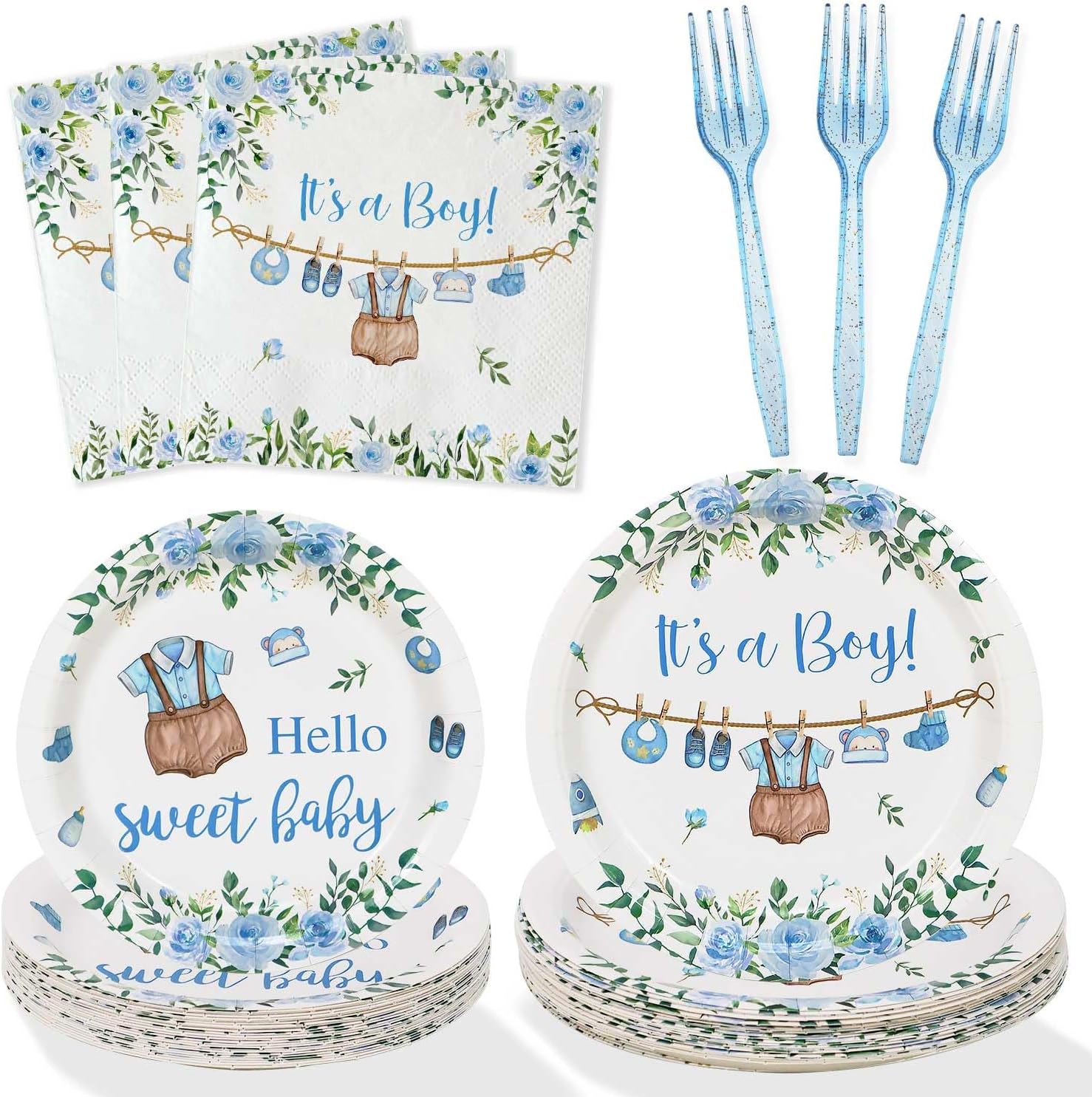 Blue Boy Baby Shower Plates Set 100 Pcs for 25 Guests