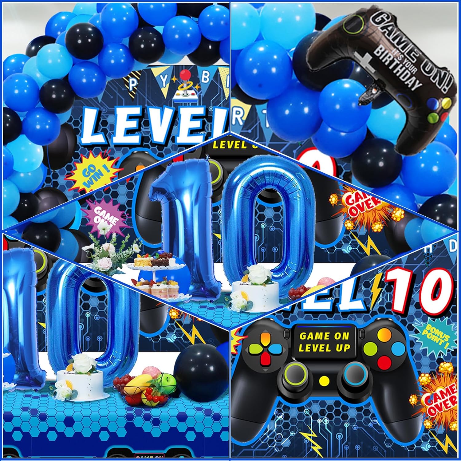 90PCS Blue 10th Birthday Video Game Decorations for Boys