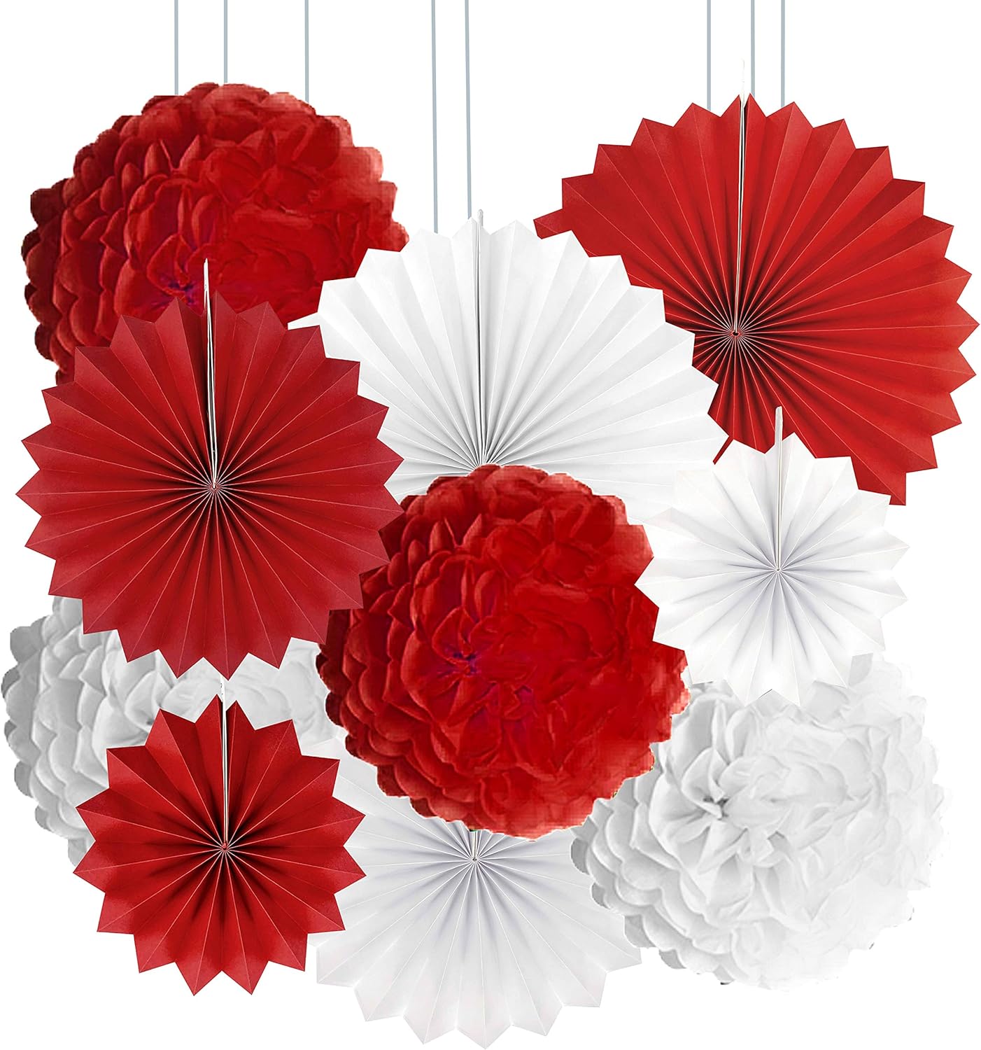 Red White Party Hanging Paper Fan Set - 10pcs