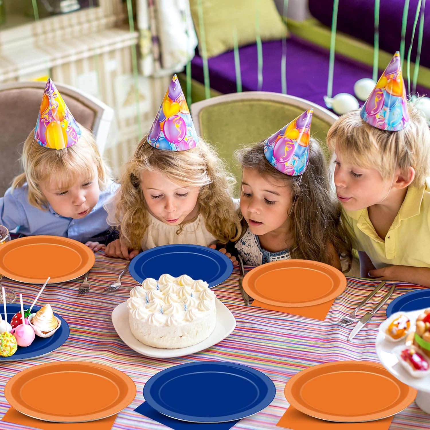 48Pcs Blue and Orange Party Plates Napkins Set