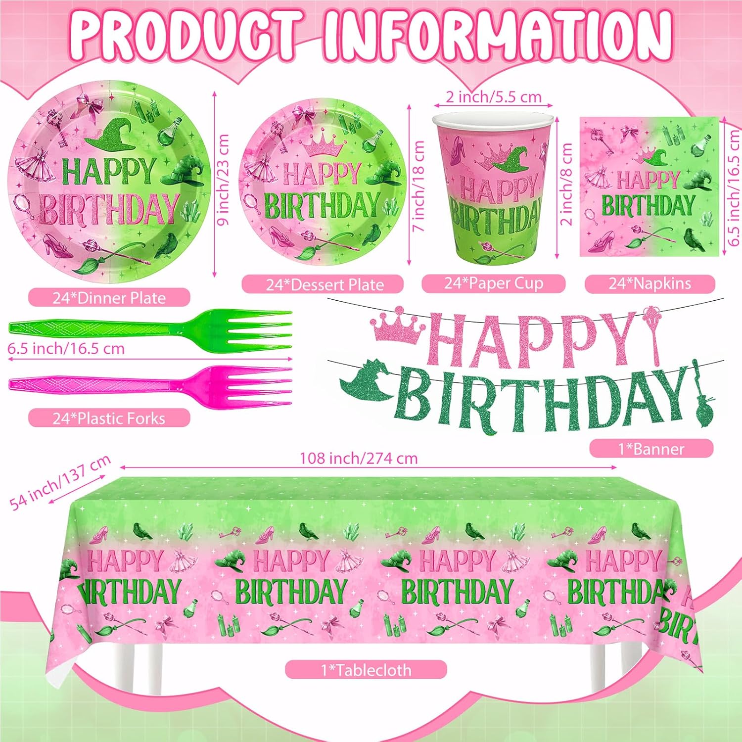 24 Piece Pink Green Witch Party Tableware Set