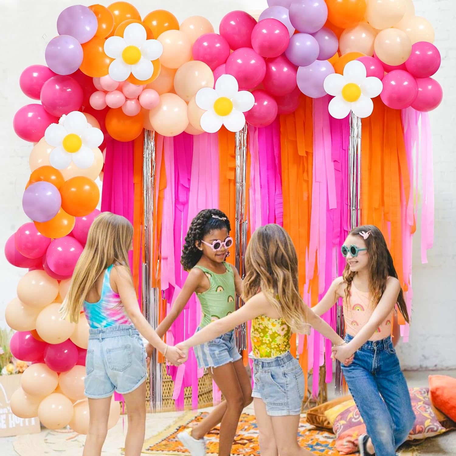 Pink Orange Groovy Balloon Arch Kit with Fringe Backdrop