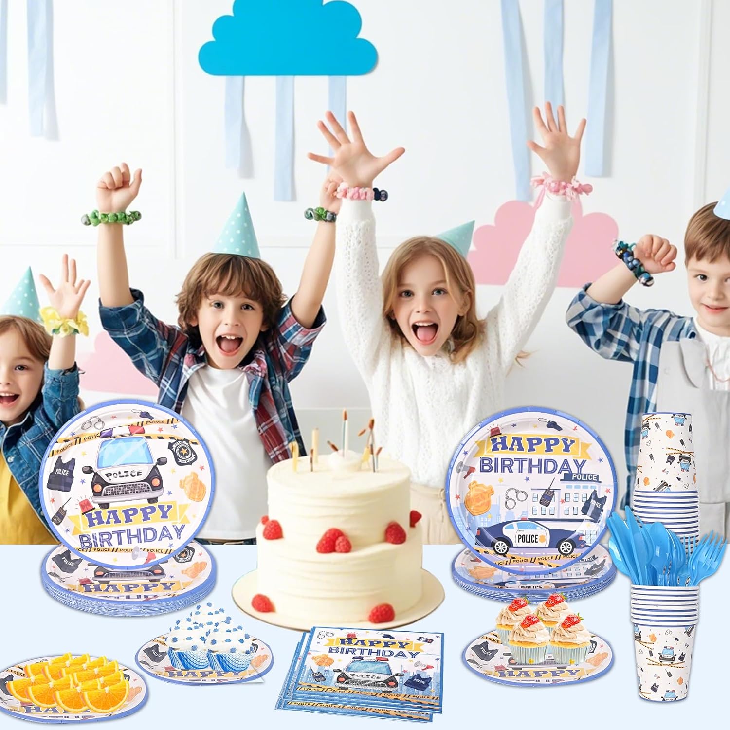 Police Birthday Tableware Set for Kids Blue and White Party Supplies