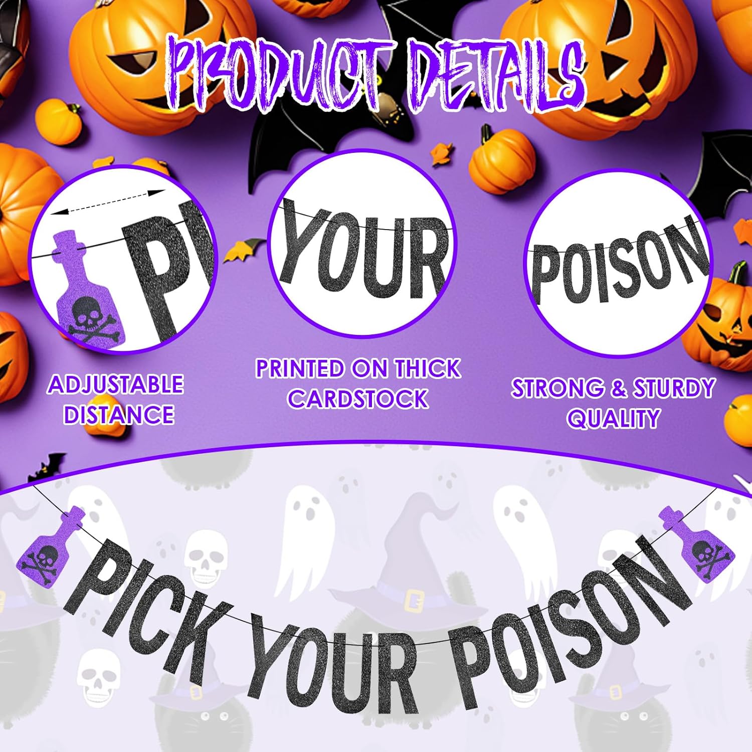Black Glitter Pick Your Poison Halloween Banner