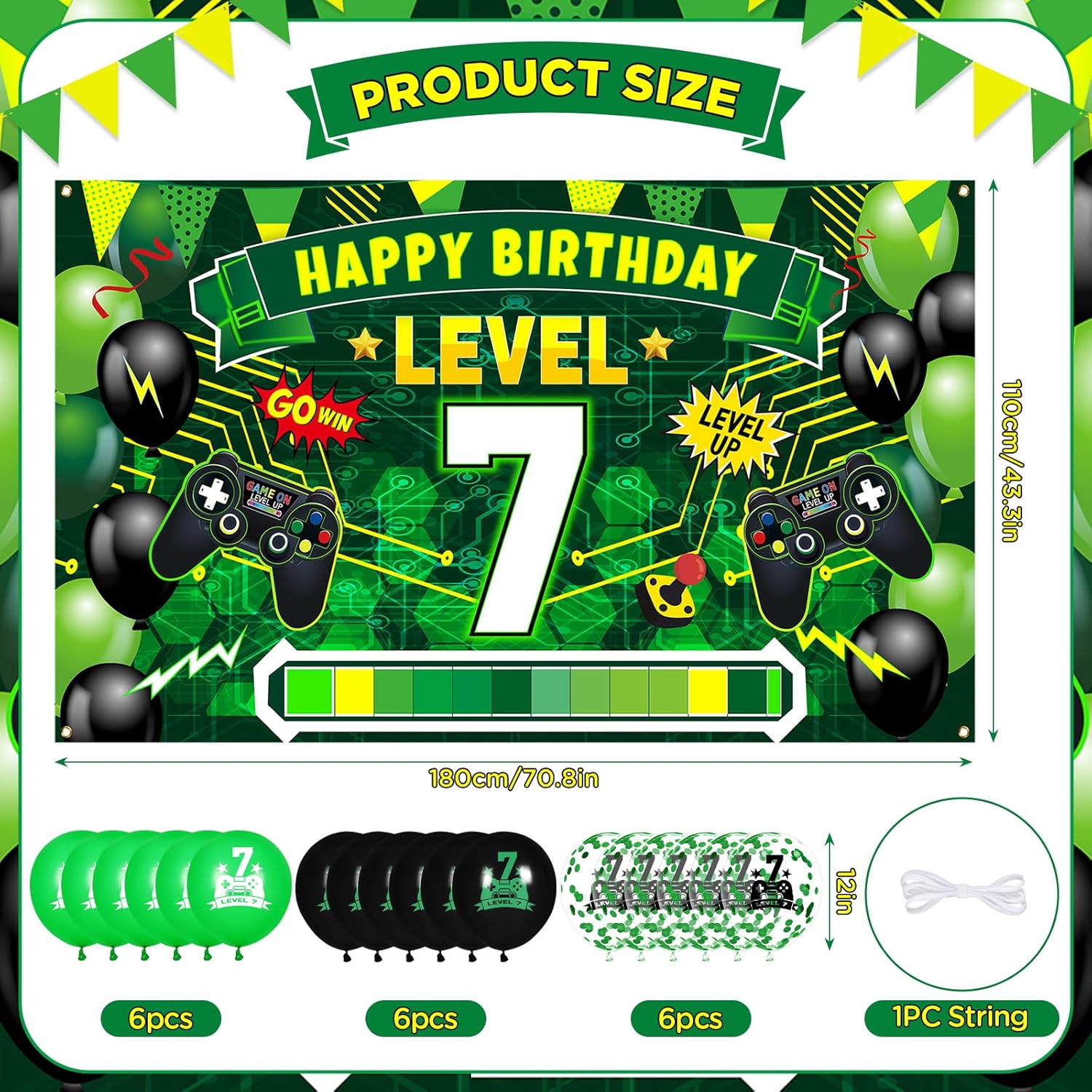 Level Up 7th Birthday Banner and Balloons Set