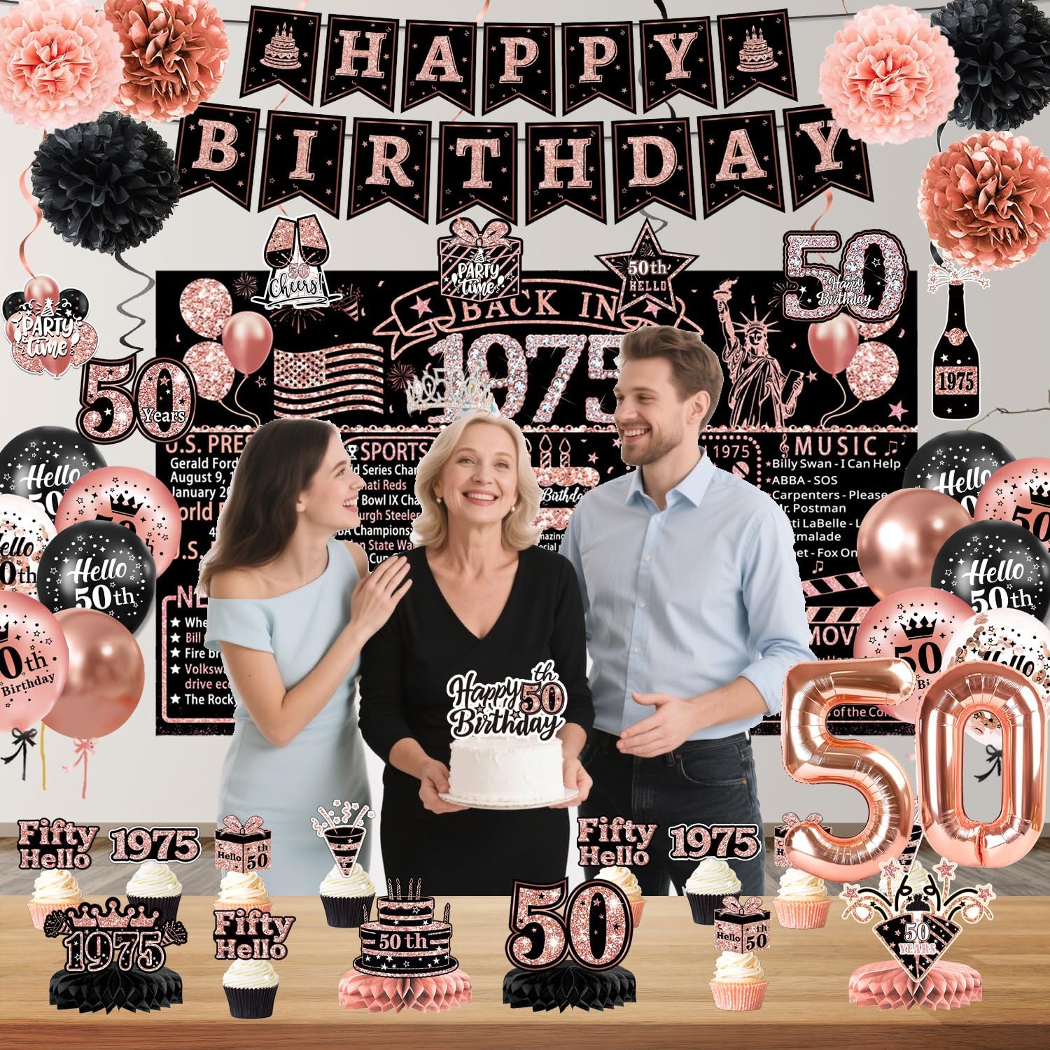 50th Birthday Decor Set 59 pcs Rose Gold Party Essentials