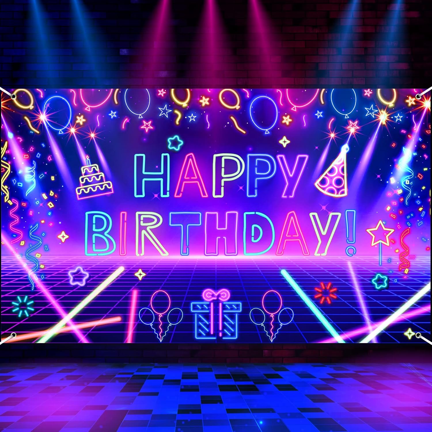 Glow Neon Birthday Party Banner - 71x44 Inch UV Reactive