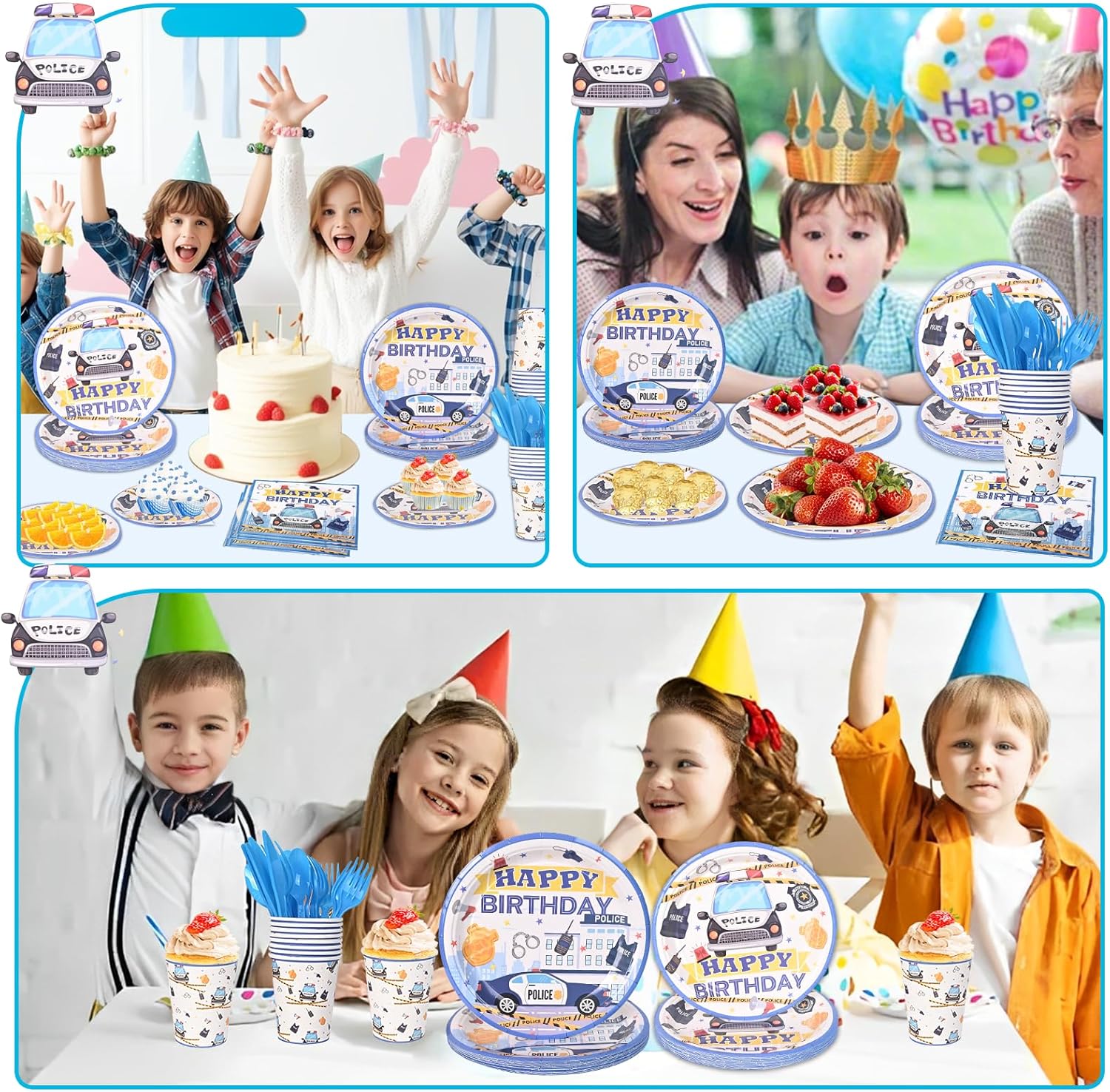 Police Birthday Tableware Set for Kids Blue and White Party Supplies