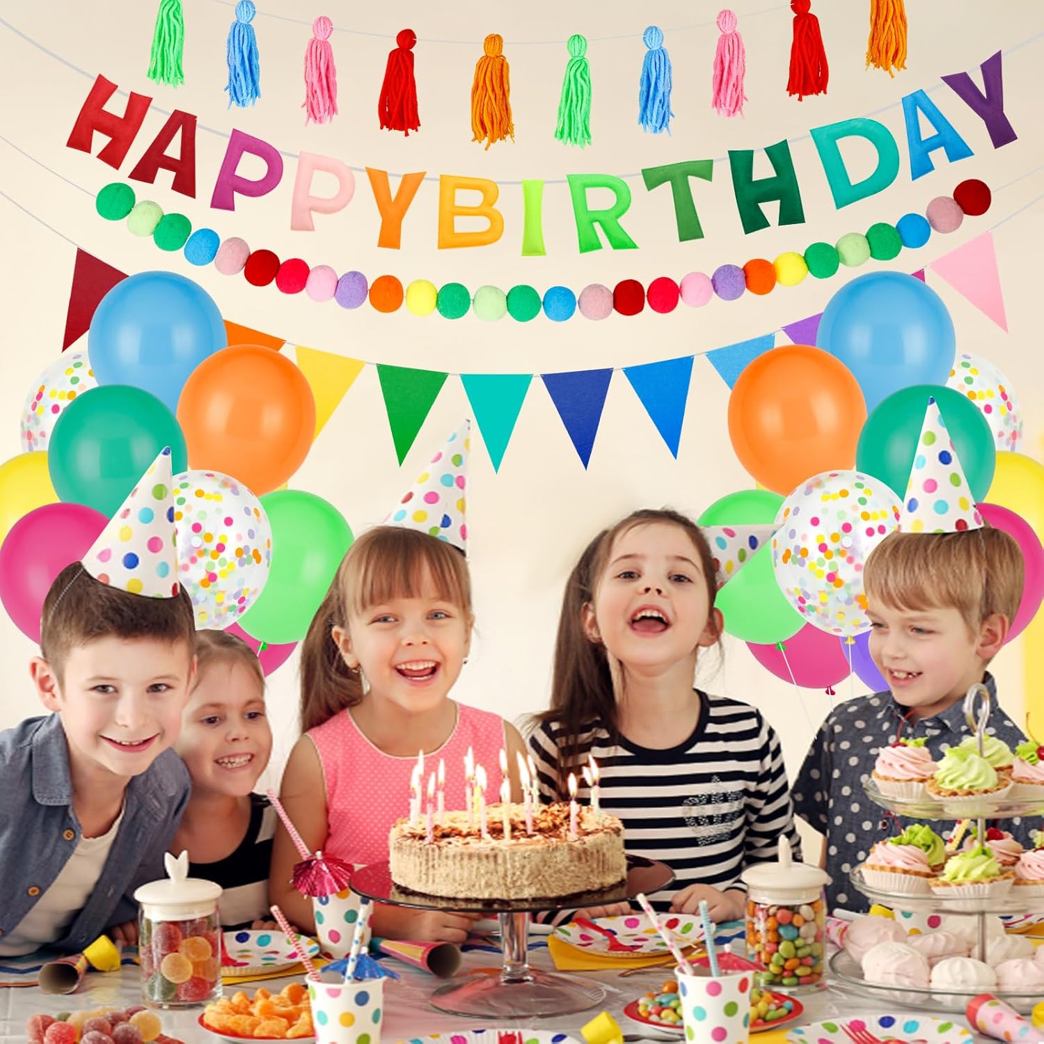 Happy Birthday Decorations Kit - 48 Pcs Balloons Pre-Strung Banners
