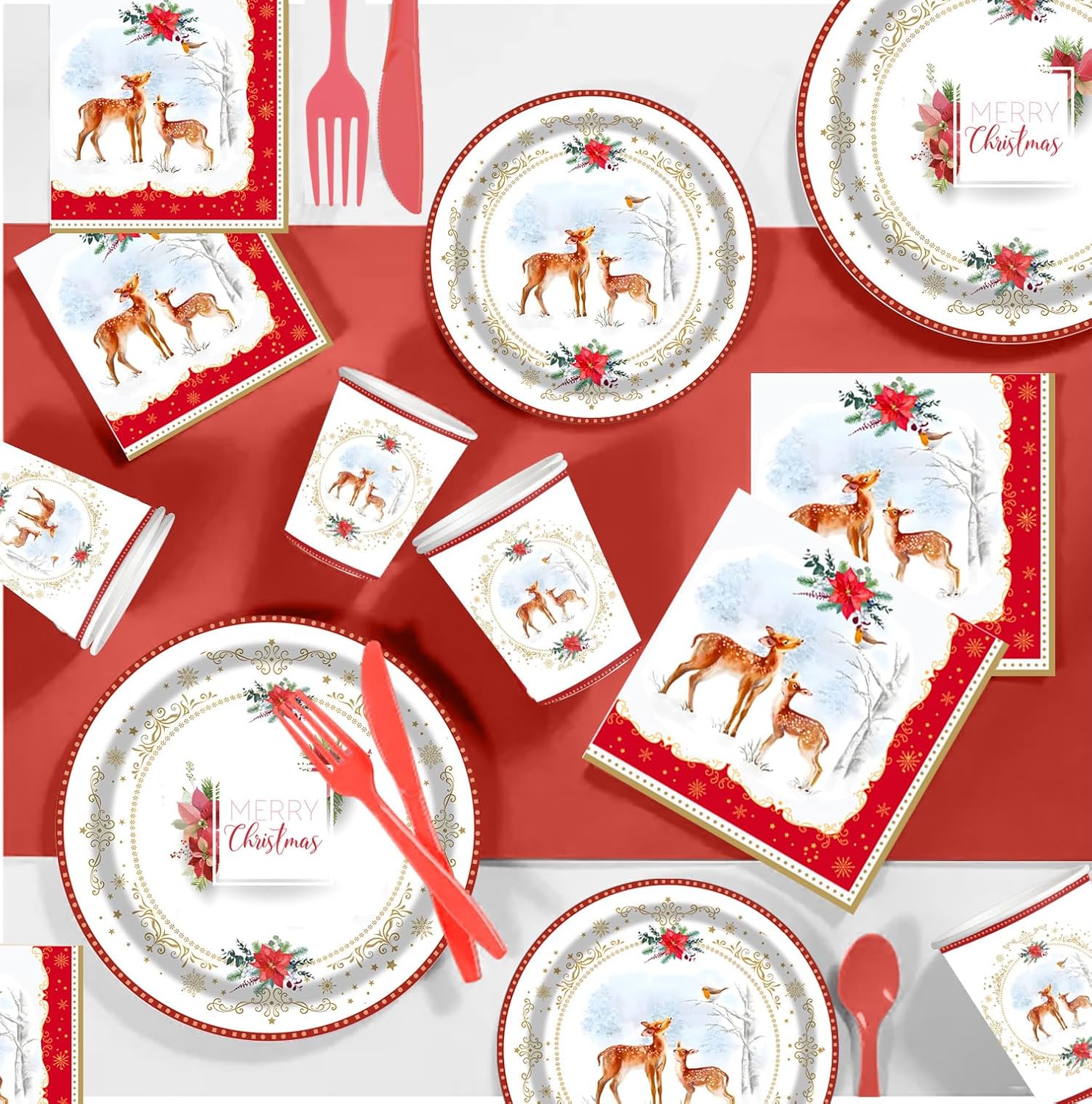 Christmas Poinsettia Deer Disposable Plate Set - 25 Piece Holiday Party Supplies