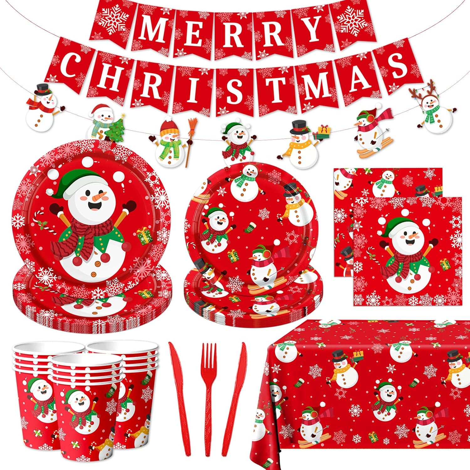 142Pcs Christmas Party Supplies Snowman Plates Napkins Tableware Kit
