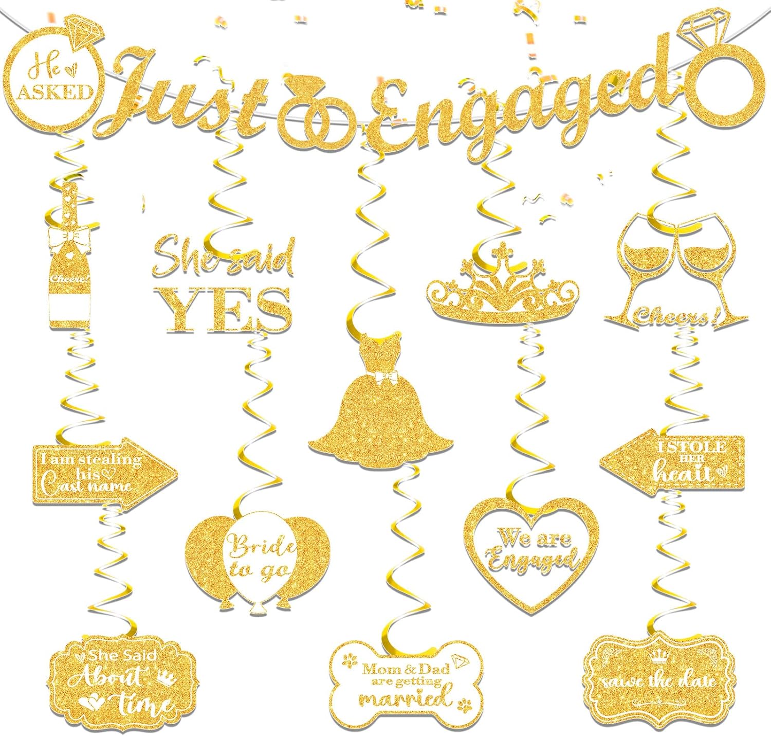 White Gold Engagement Party Decorations Banner with Hanging Swirls