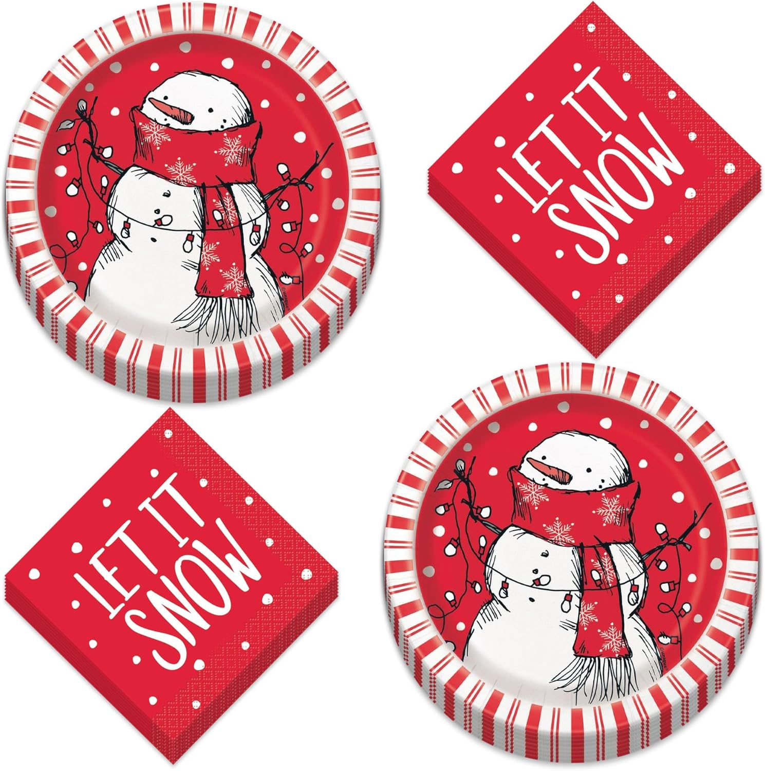 Red Stripe Rustic Snowman Christmas Dessert Plates and Napkins Set