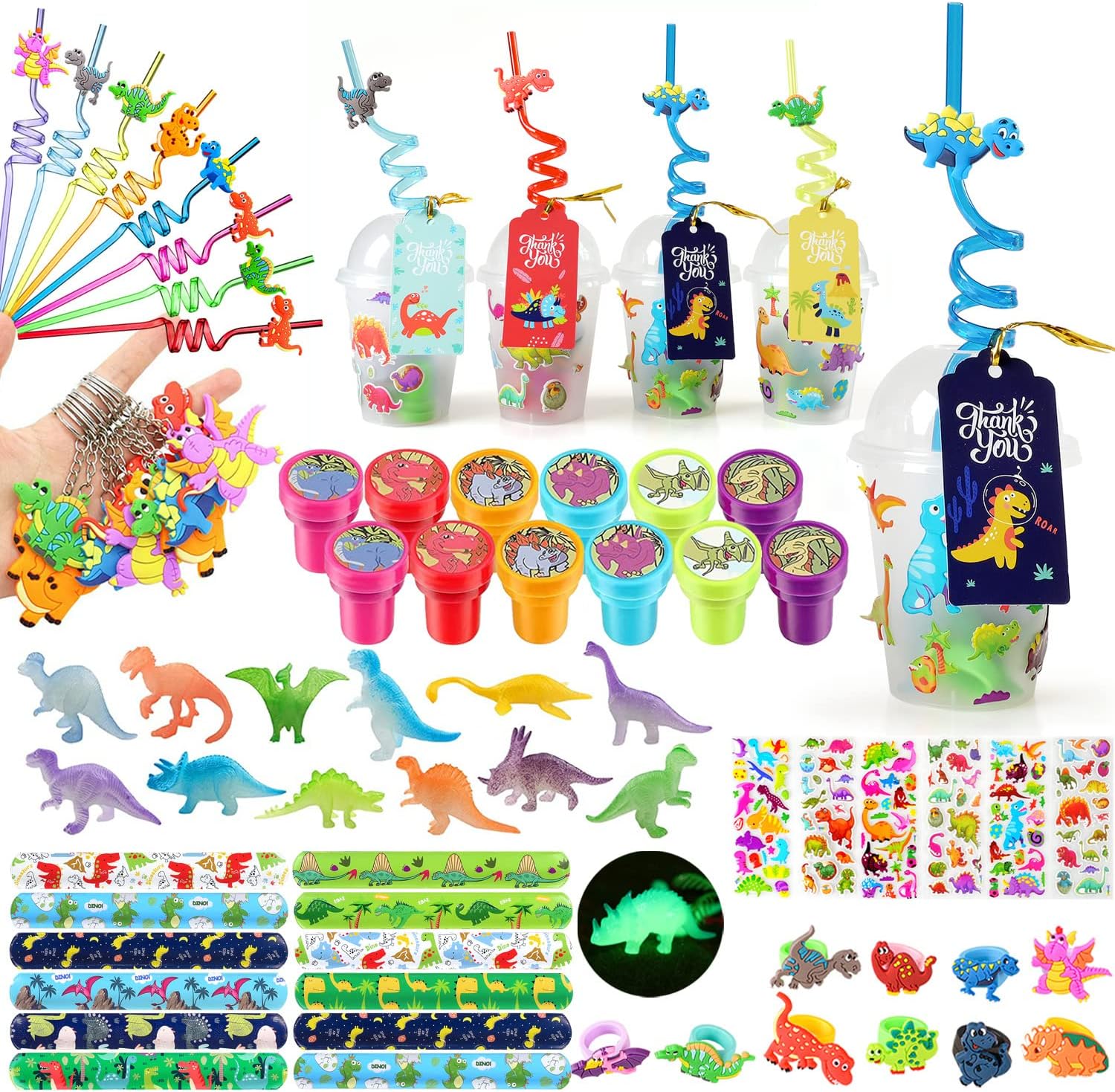 MOVINPE Dinosaur Party Favor Cups with Reusable Straws and Luminous Toys