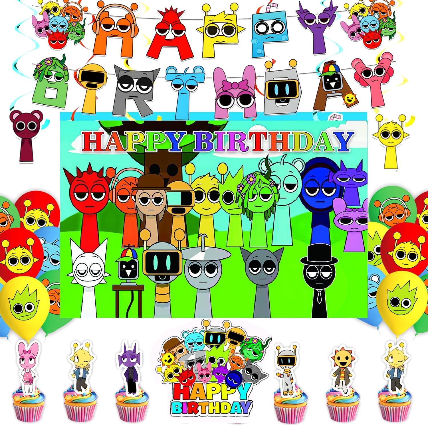 Sprunkie Birthday Decor Set with Banner Cake Topper Balloons Background