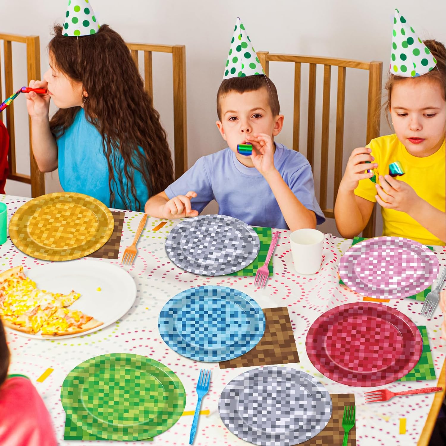 96 Pcs Mini Pixel Party Plates and Napkins for Gaming Birthday Celebration