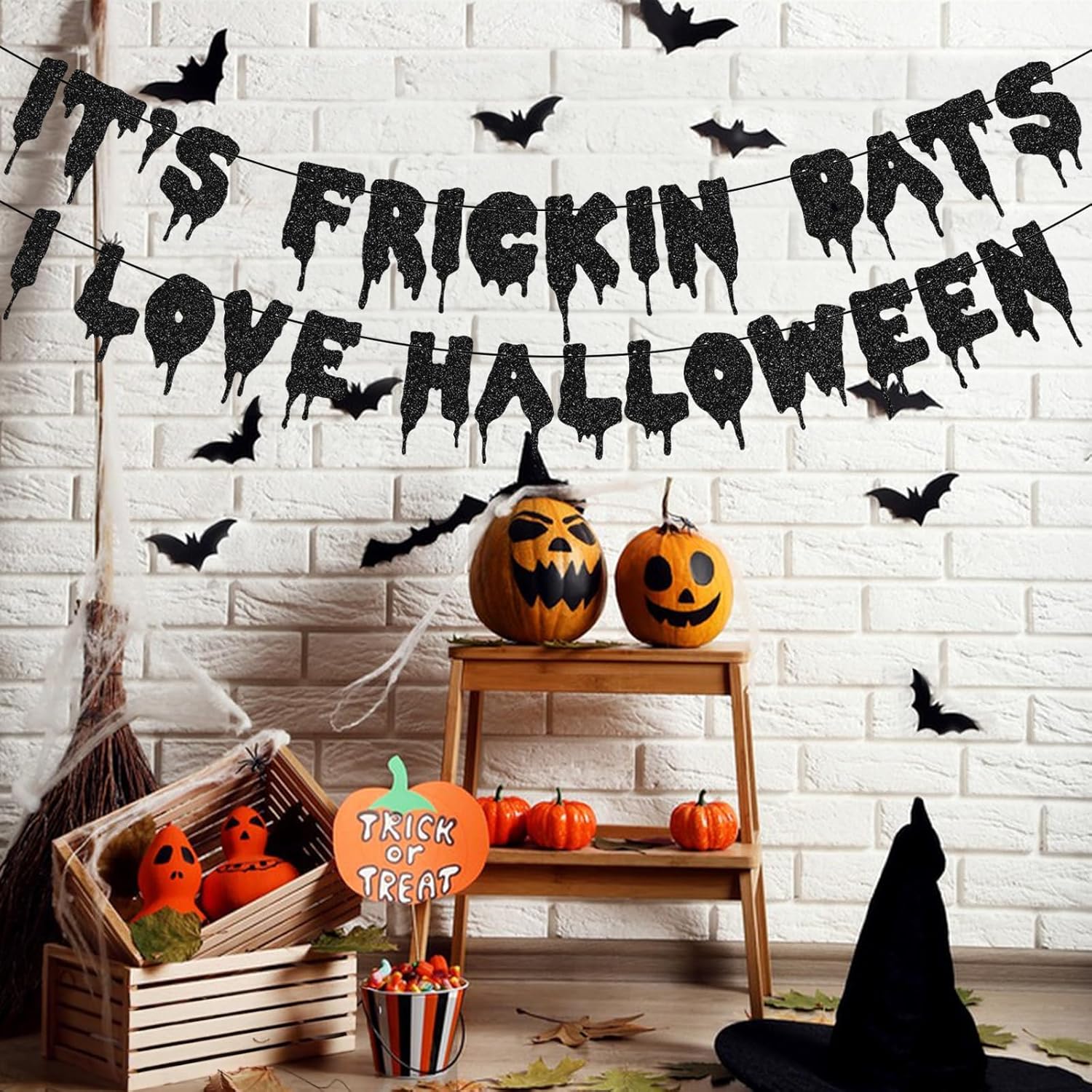 Yisquar Black Glitter Bats Halloween Party Banner