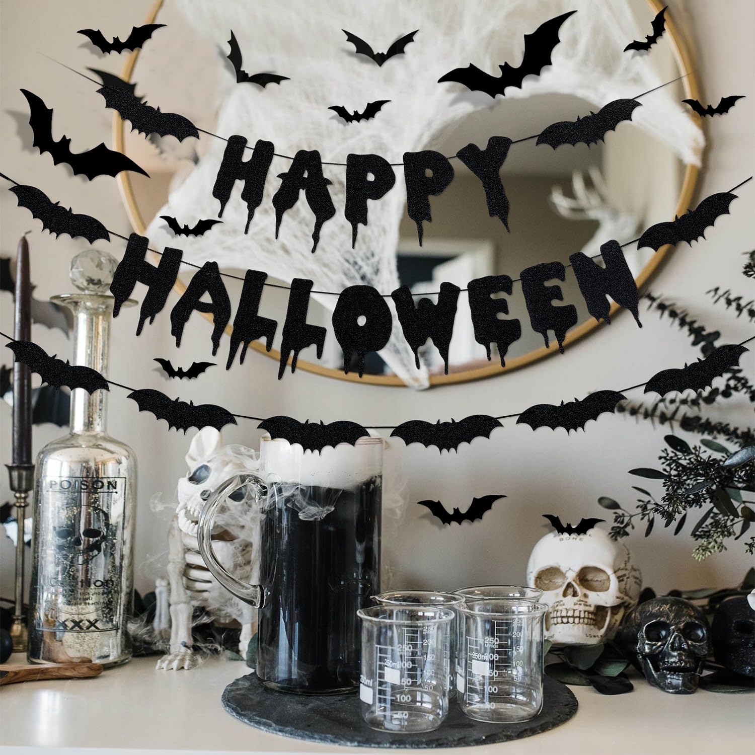 LeeSky Black Glitter Halloween Banner and Bat Wall Decals