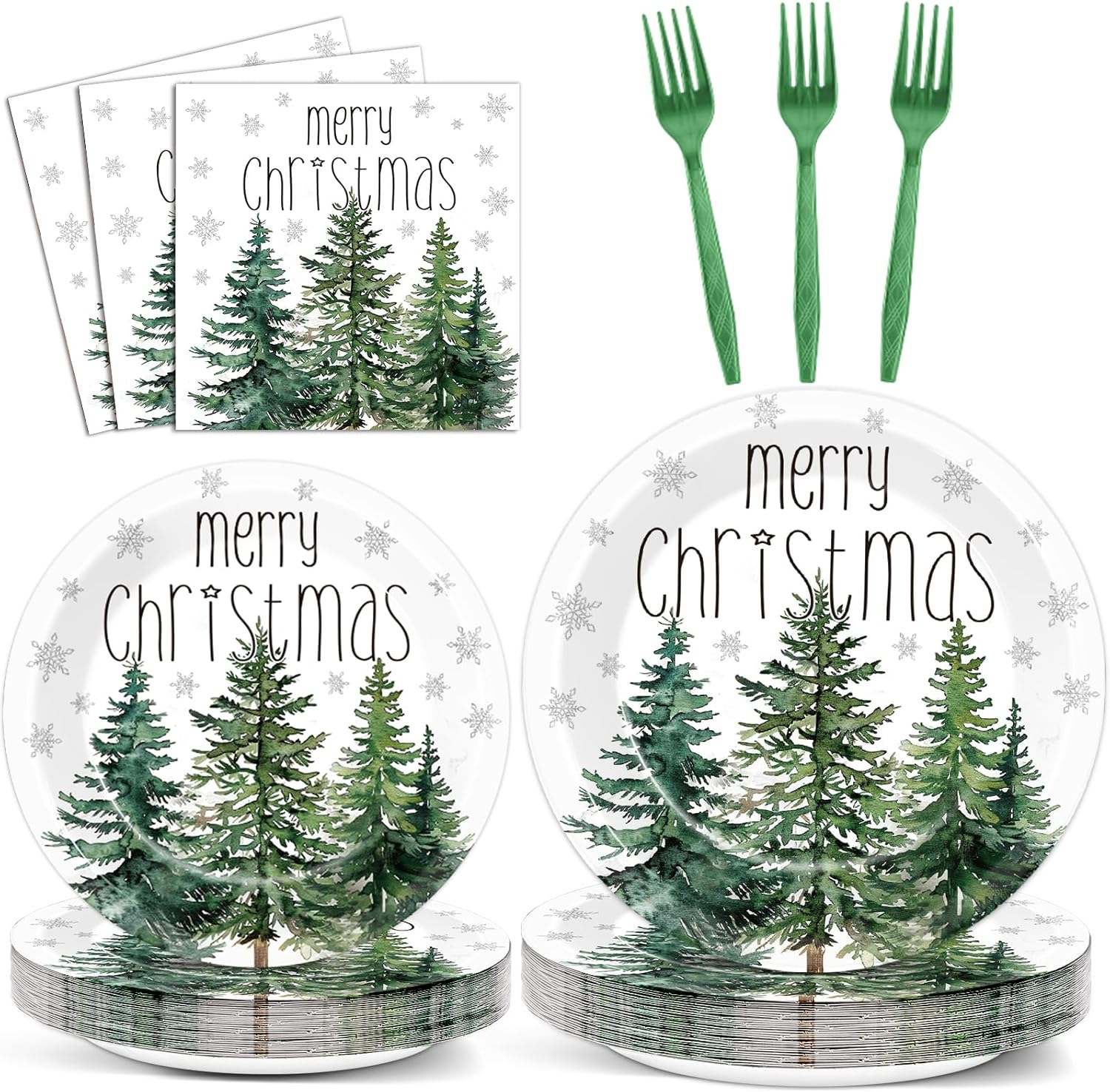 96Pcs Christmas Tree Paper Plates Napkins for 24 Guests