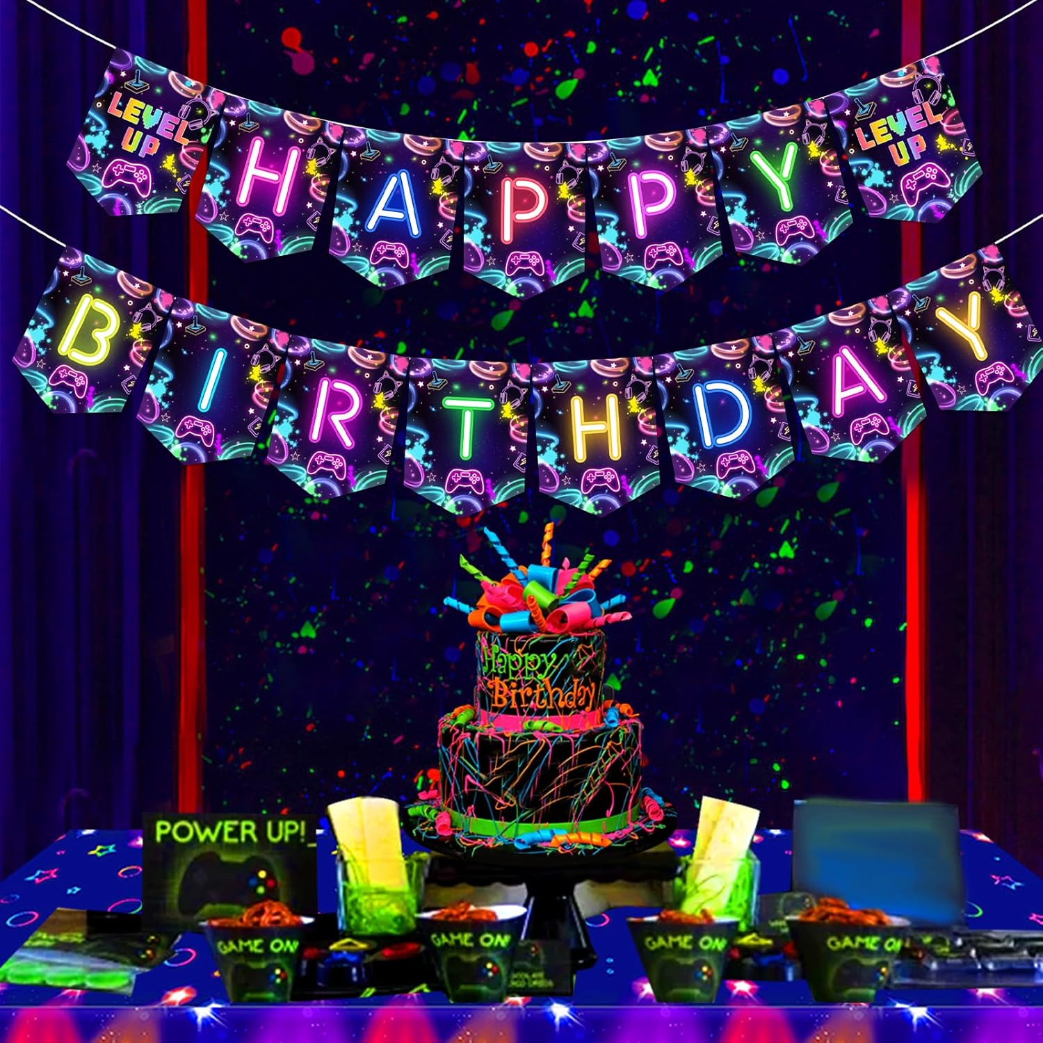 Neon Game Level Up Birthday Banner for Boys