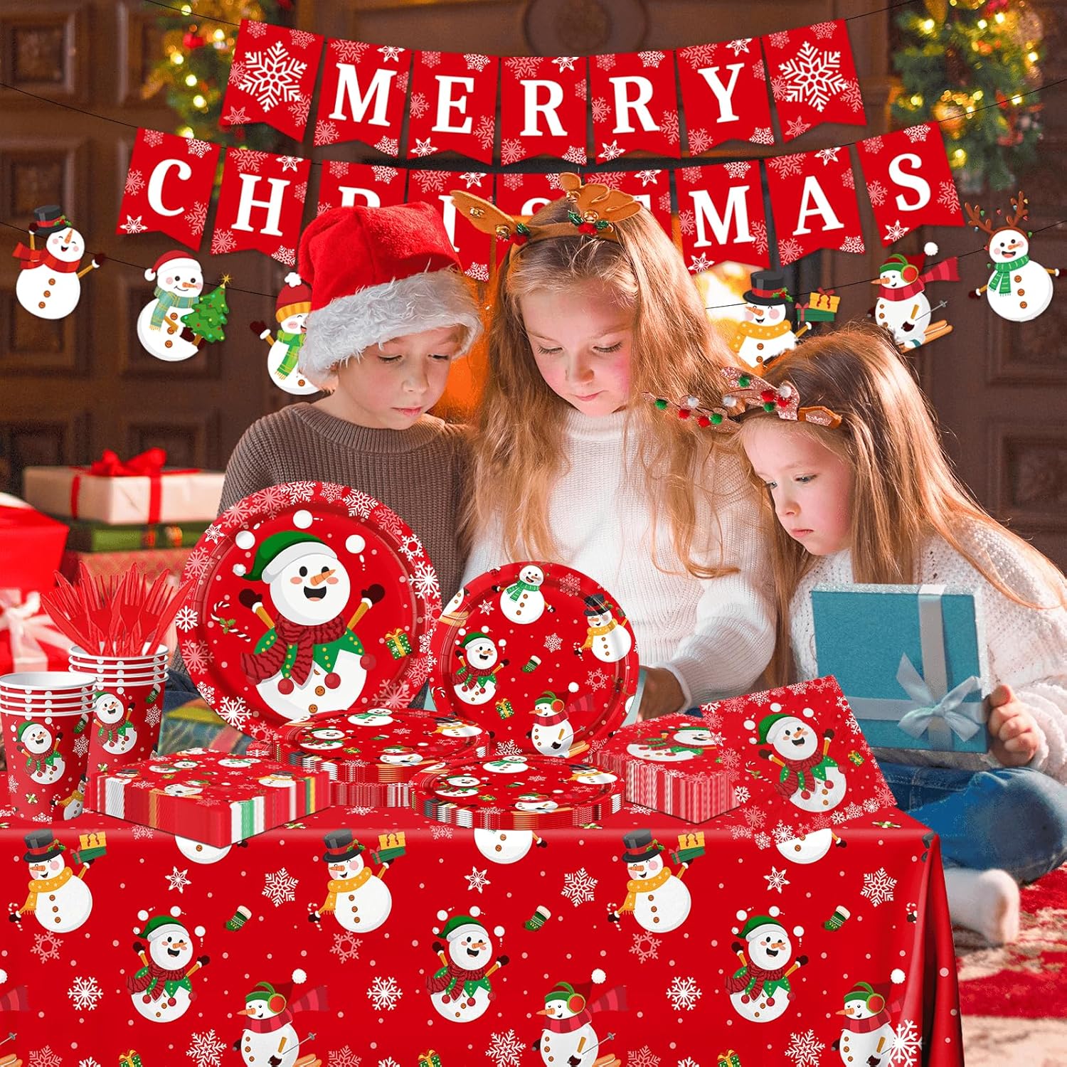 142Pcs Christmas Party Supplies Snowman Plates Napkins Tableware Kit
