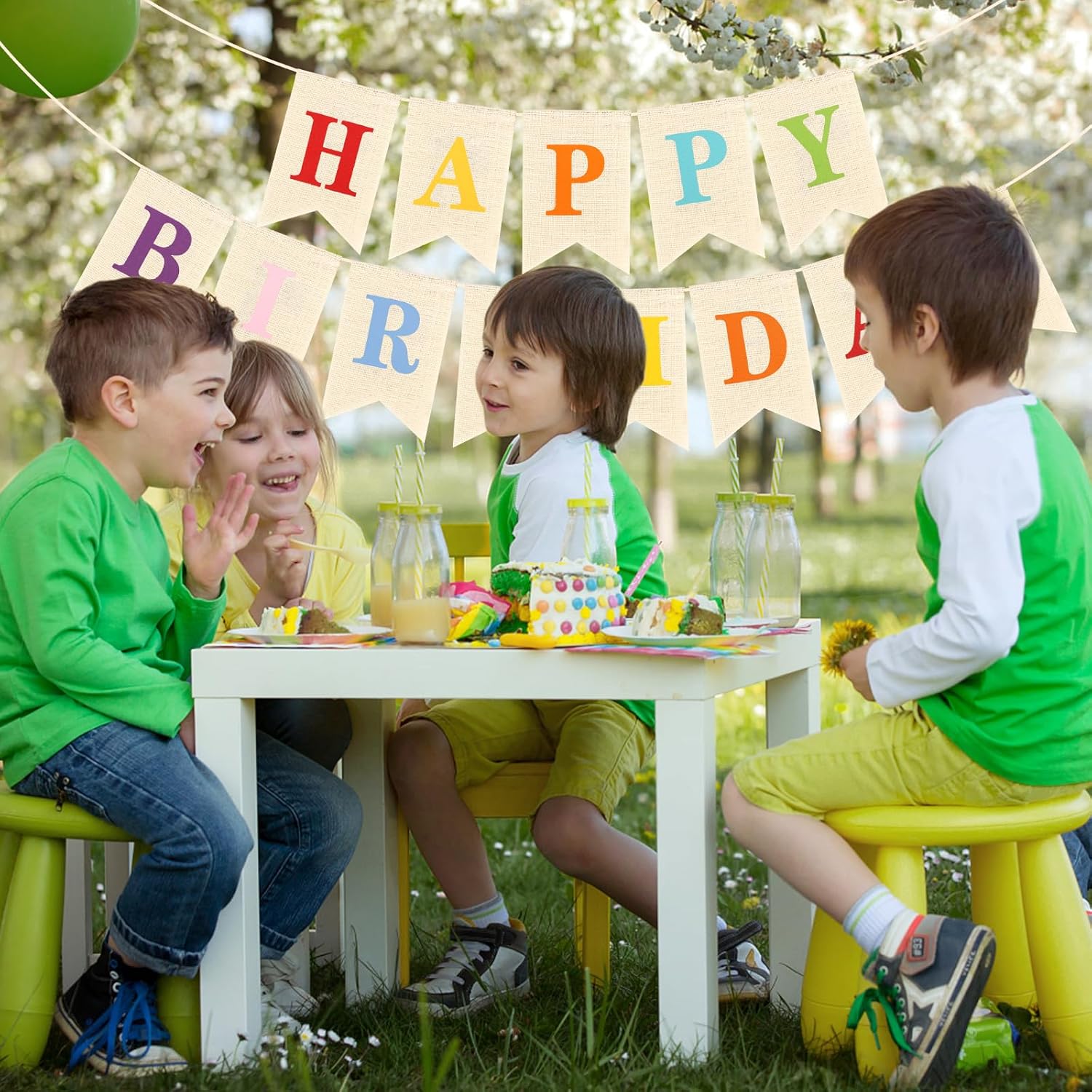 Hooqict Happy Birthday Burlap Banner Sign
