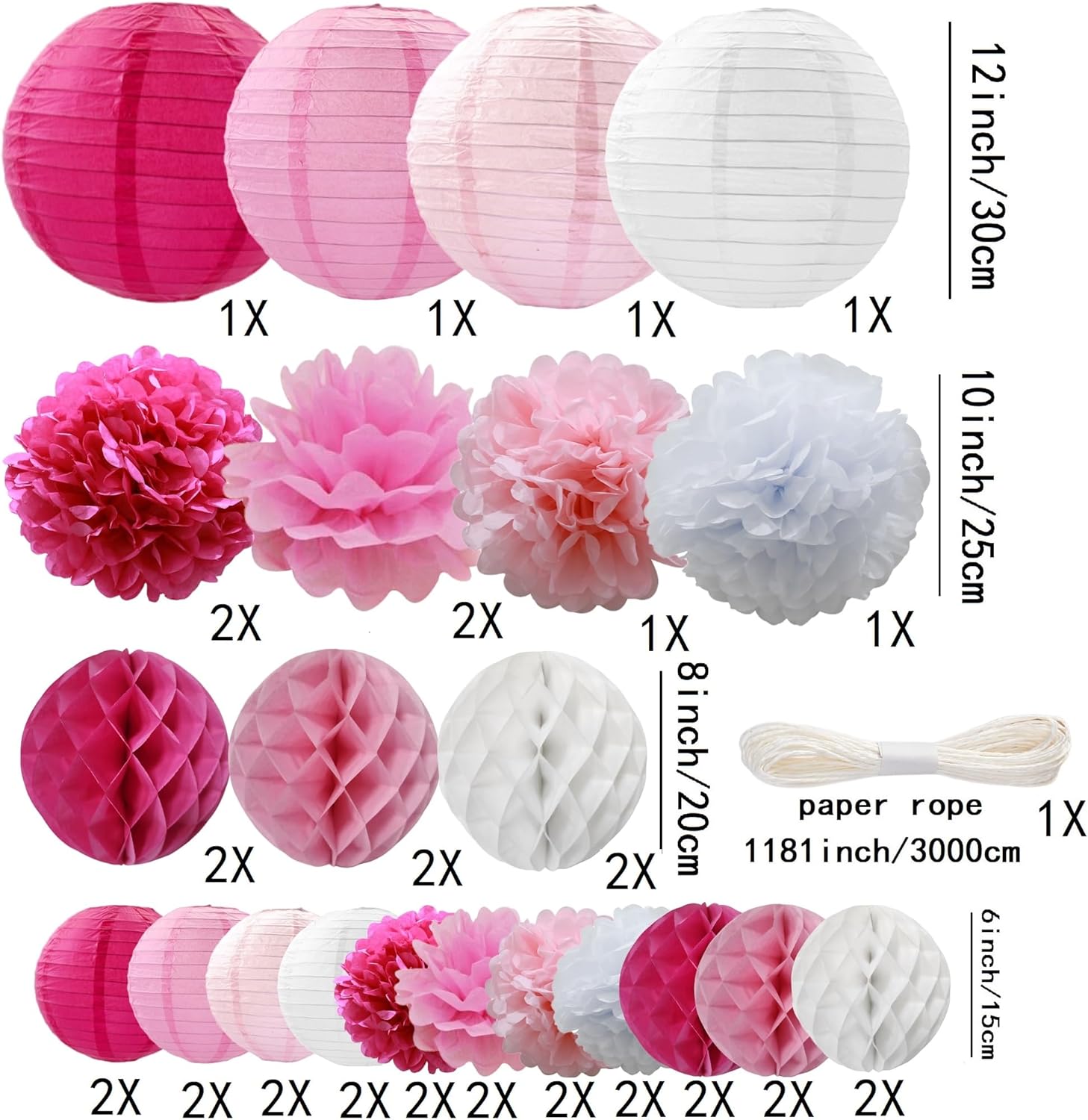 WOLHOWLTD Rosy Pink White Paper Decor Set 38 Pcs