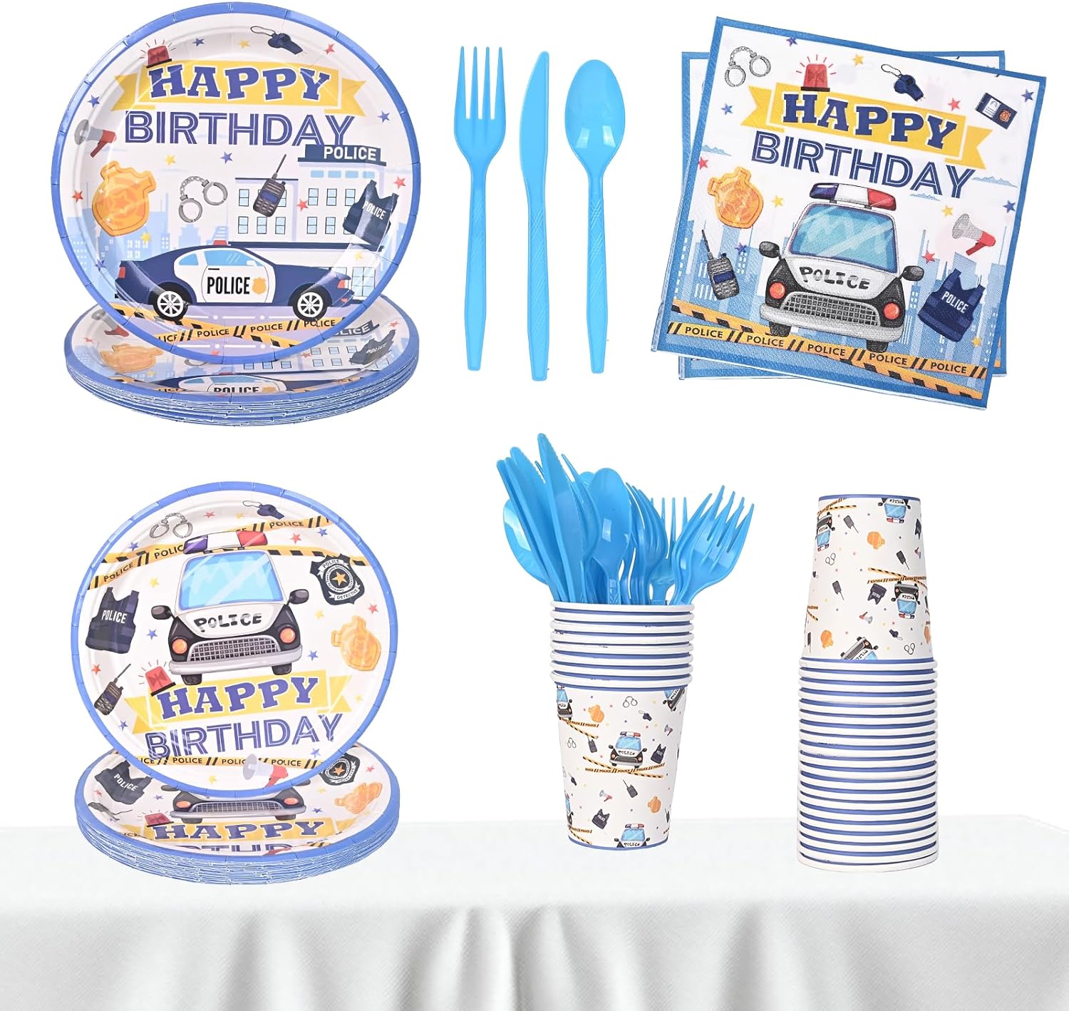 Police Birthday Tableware Set for Kids Blue and White Party Supplies
