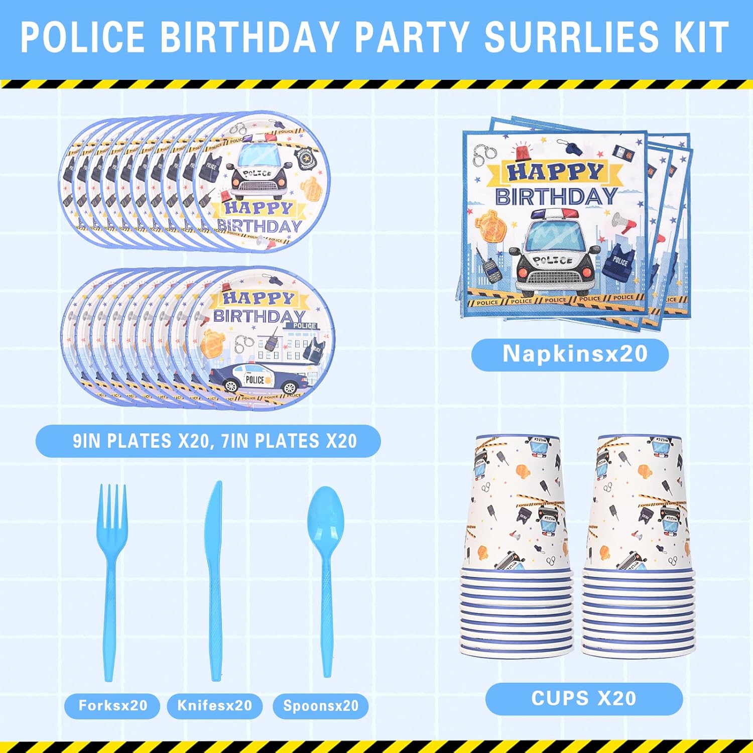 Police Birthday Tableware Set for Kids Blue and White Party Supplies