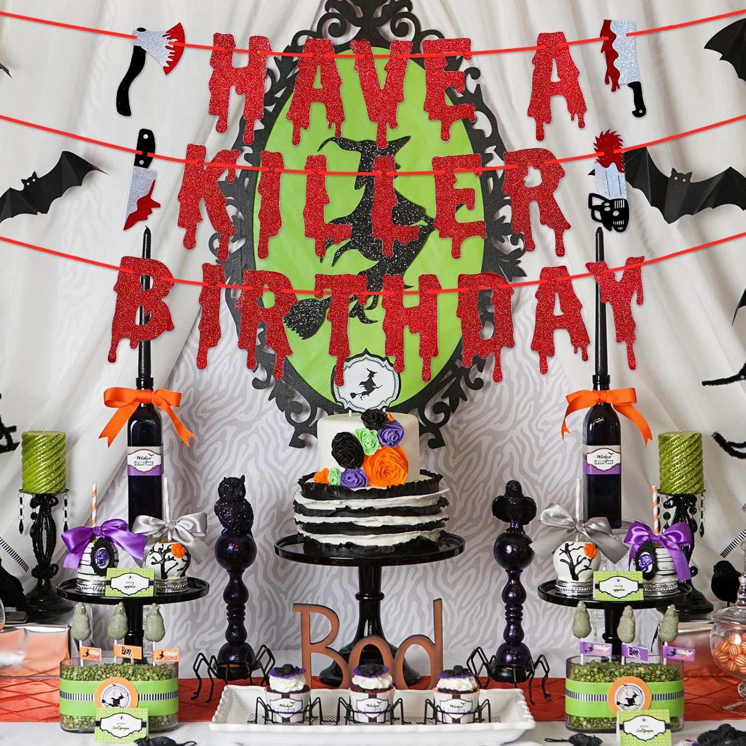 Red Glitter Halloween Birthday Banner - Pre-Strung Decor Bunting