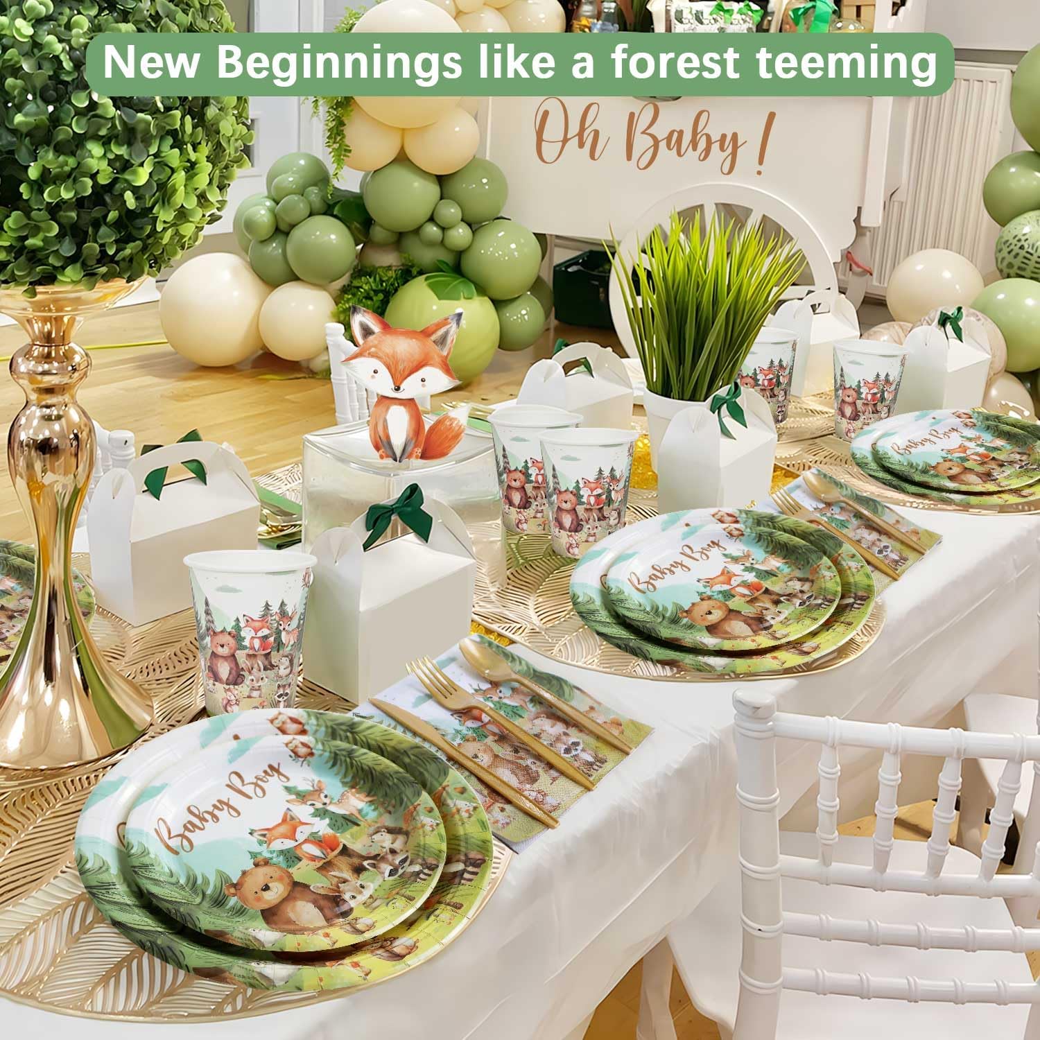 Woodland Baby Shower Plate Set 175 Pcs for 25 Guests