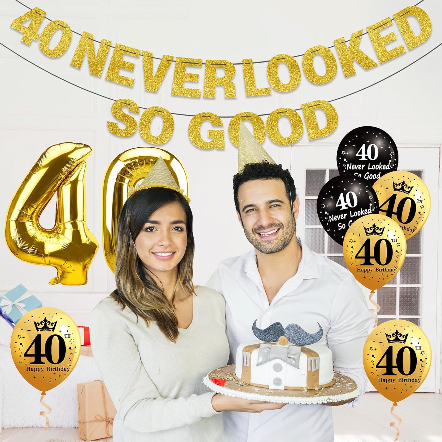 40th Birthday Decorations Kit Black Gold Banner and Foil Balloons