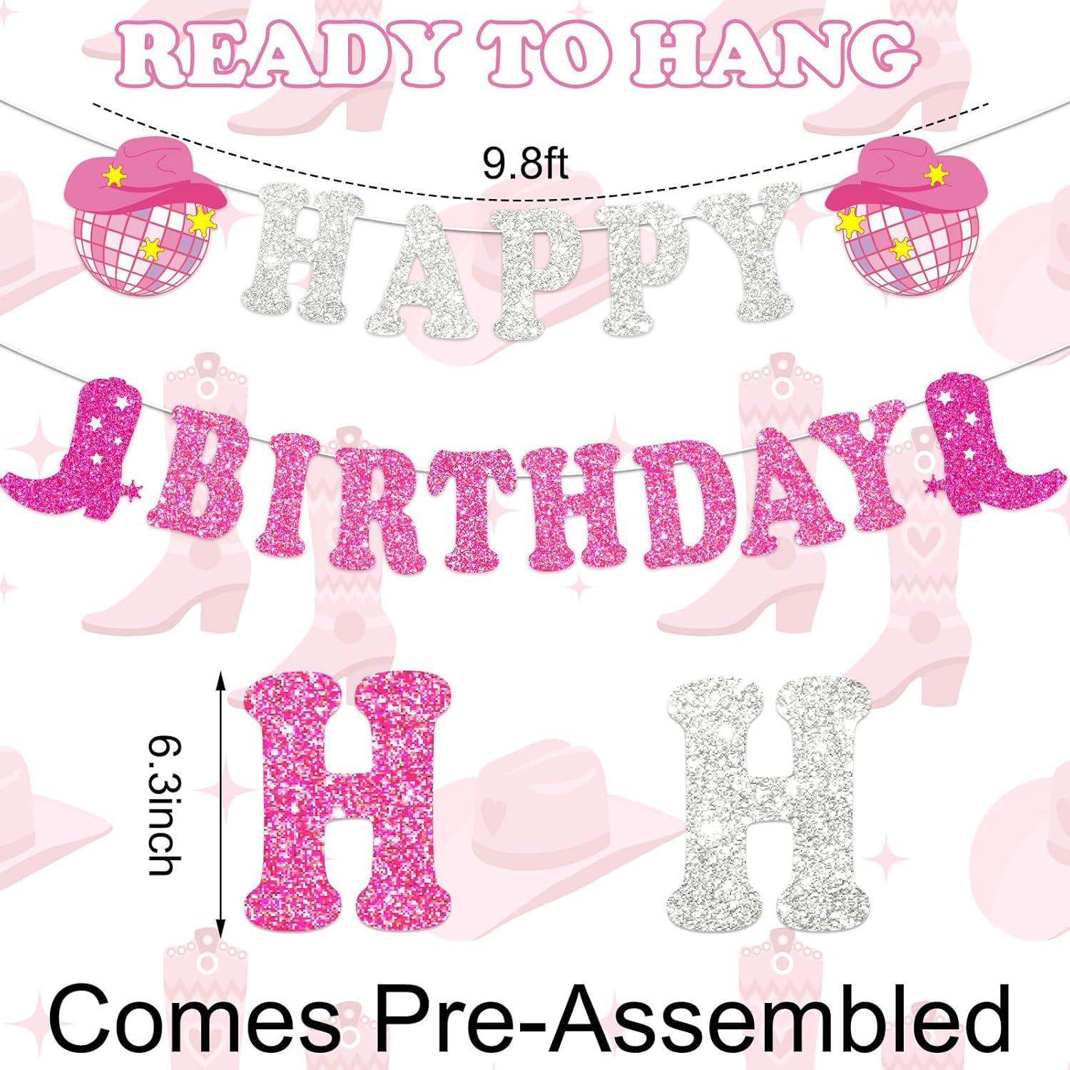 Western Cowgirl Birthday Glitter Banner Silver Pink Bunting Garland