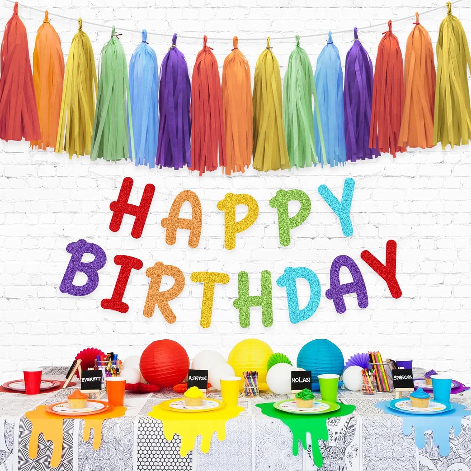 Rainbow Birthday Banner with Paper Tassel Garland