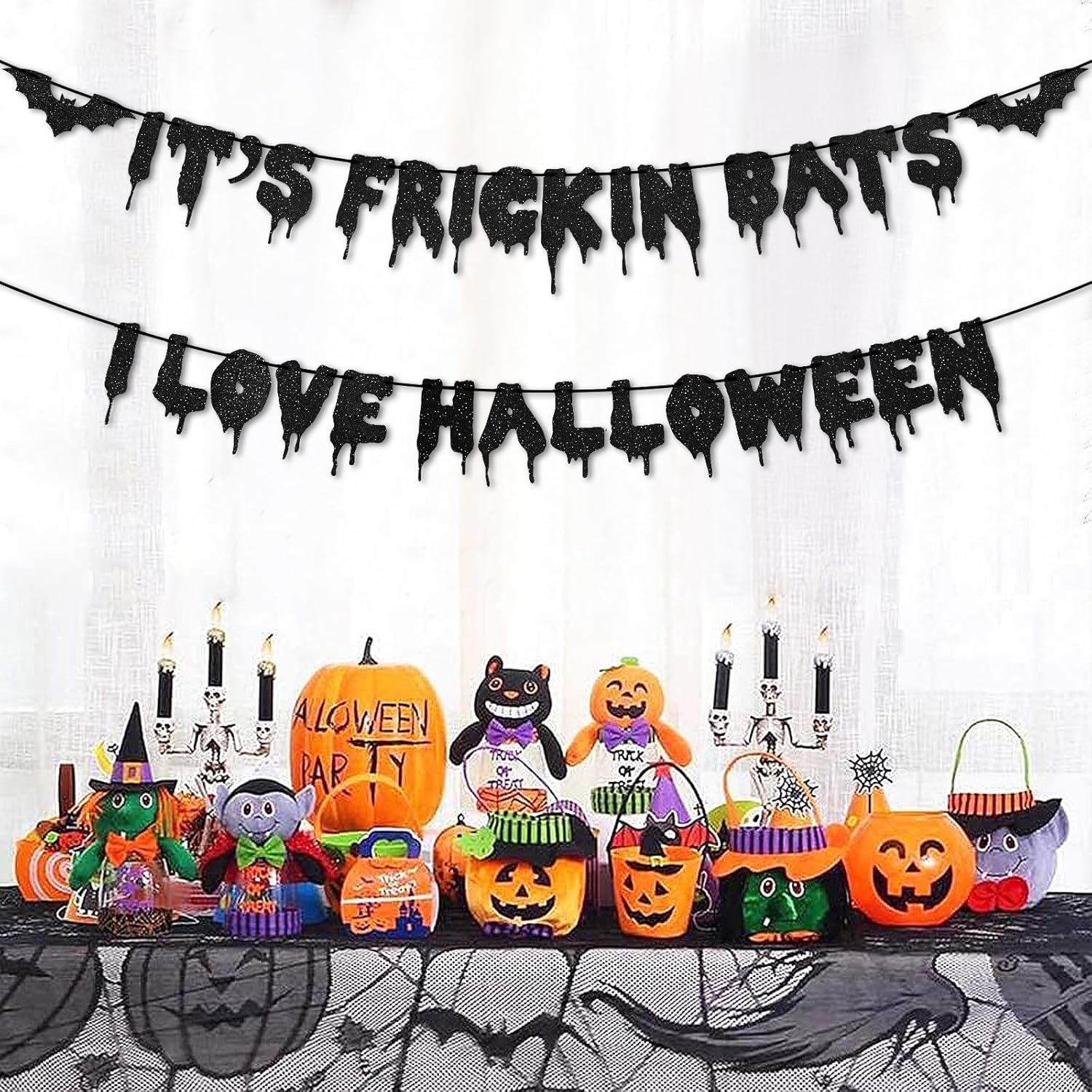 Black Glitter Bats Halloween Banner - Hanging Decor