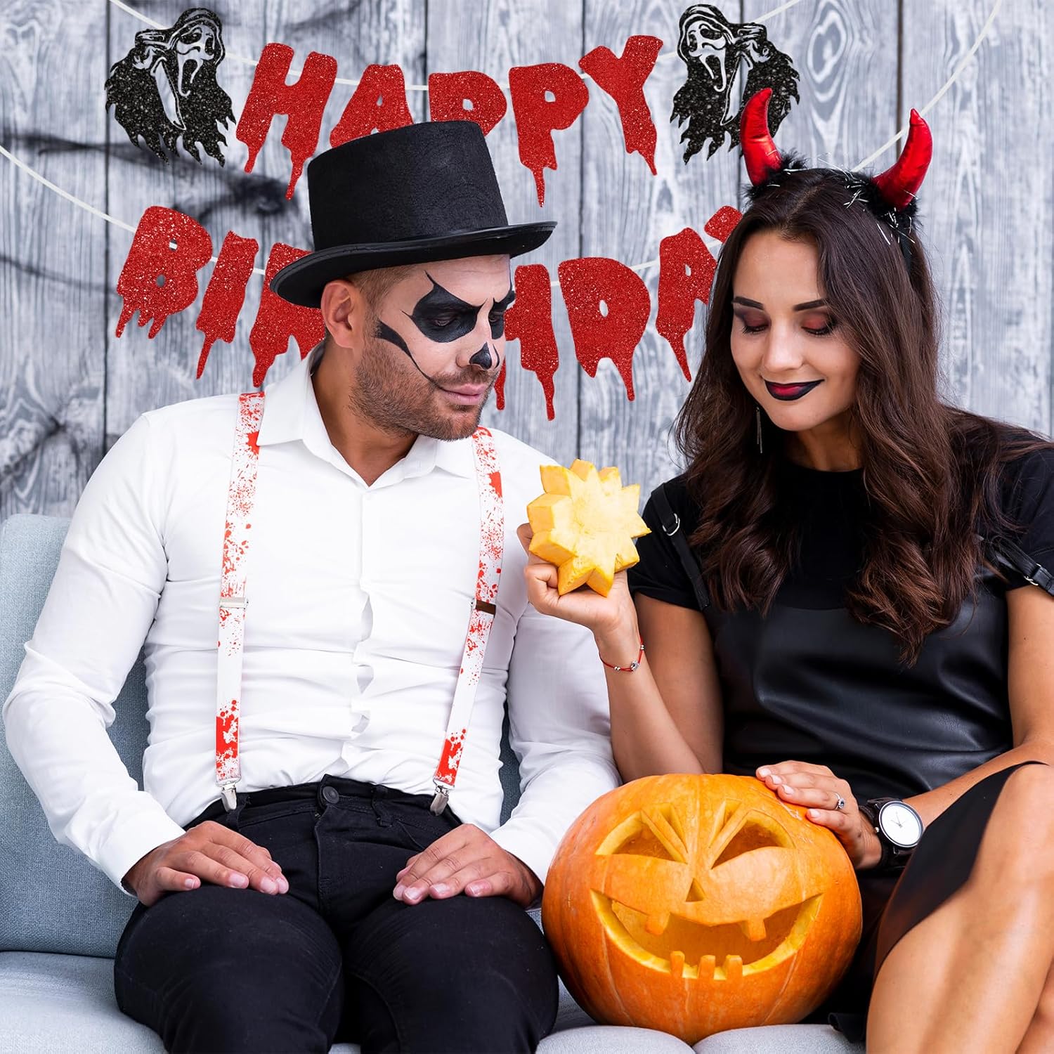 Black Red Glitter Halloween Birthday Banner