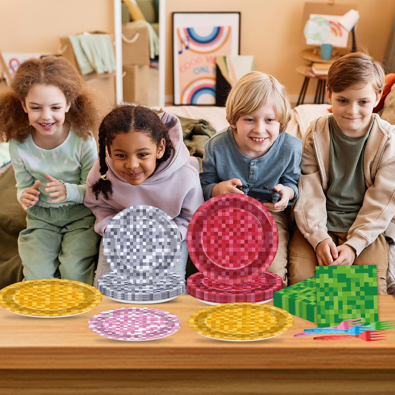 96 Pcs Mini Pixel Party Plates and Napkins for Gaming Birthday Celebration