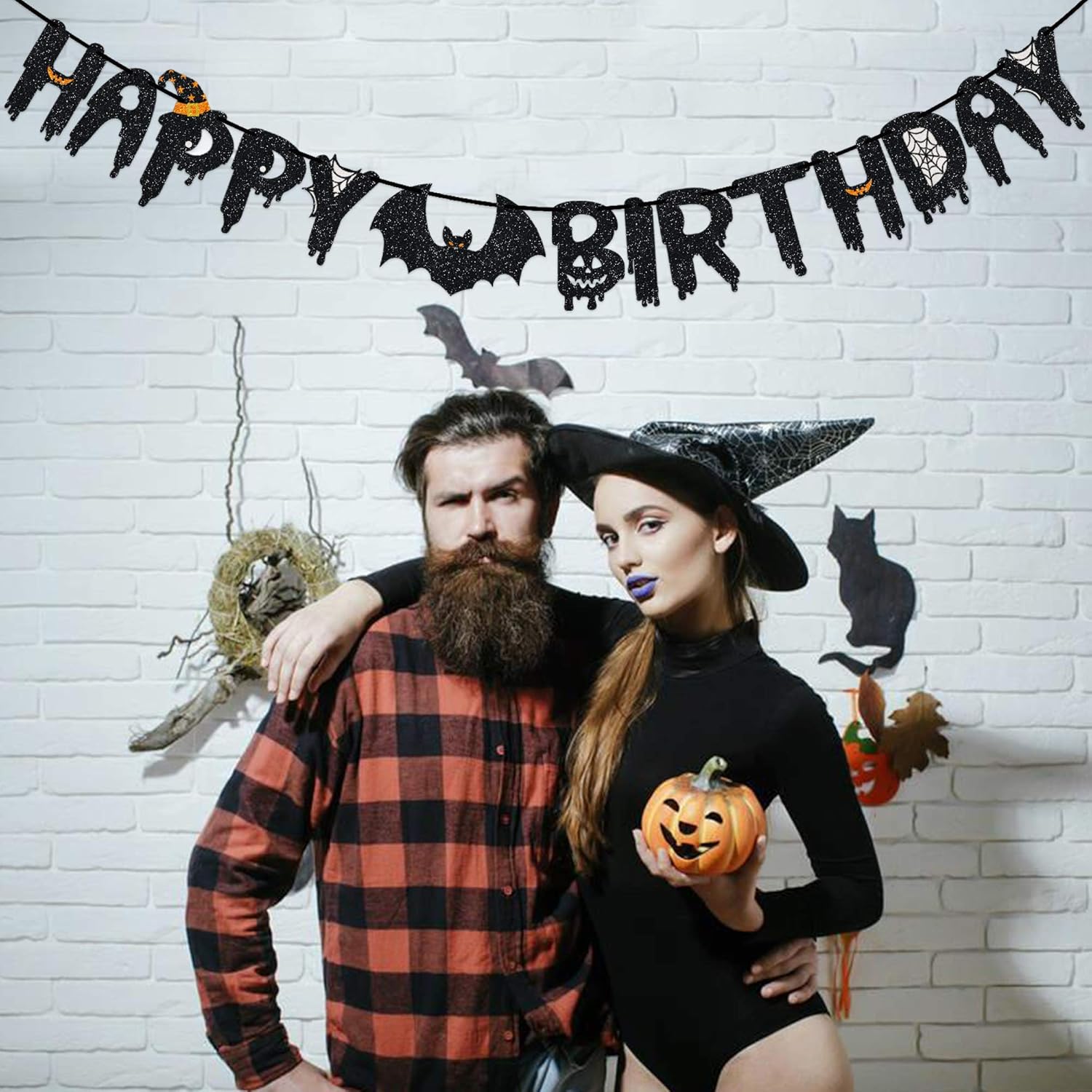 Halloween Happy Birthday Black Glitter Banner