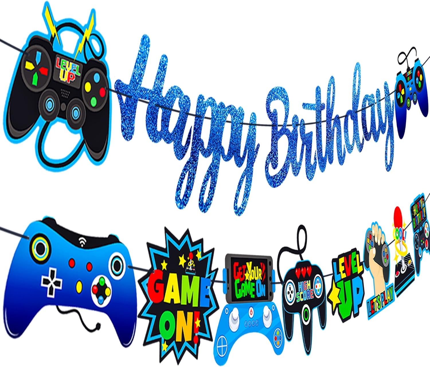 Glitter Blue Game Party Banners for Birthday Celebrations