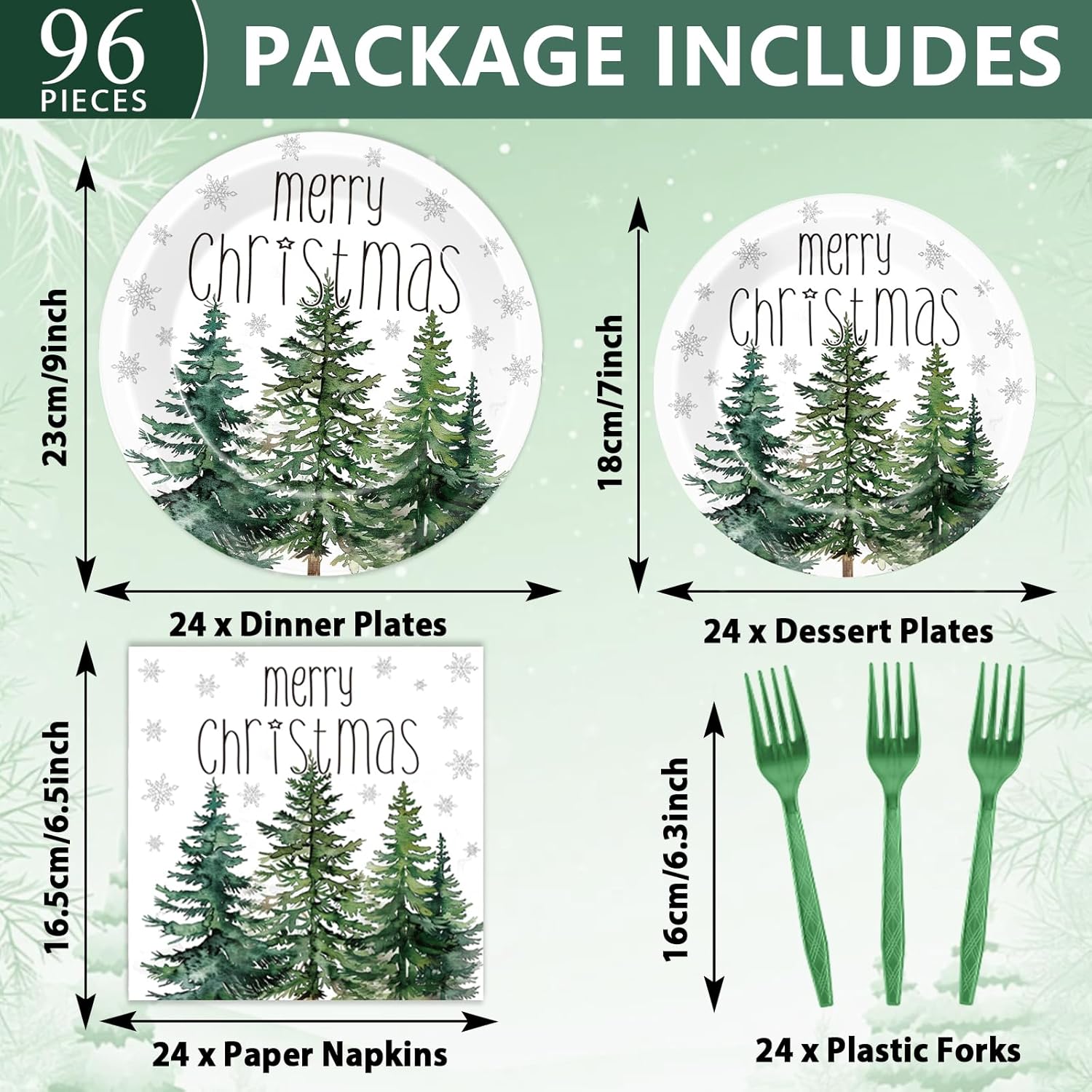 96Pcs Christmas Tree Paper Plates Napkins for 24 Guests