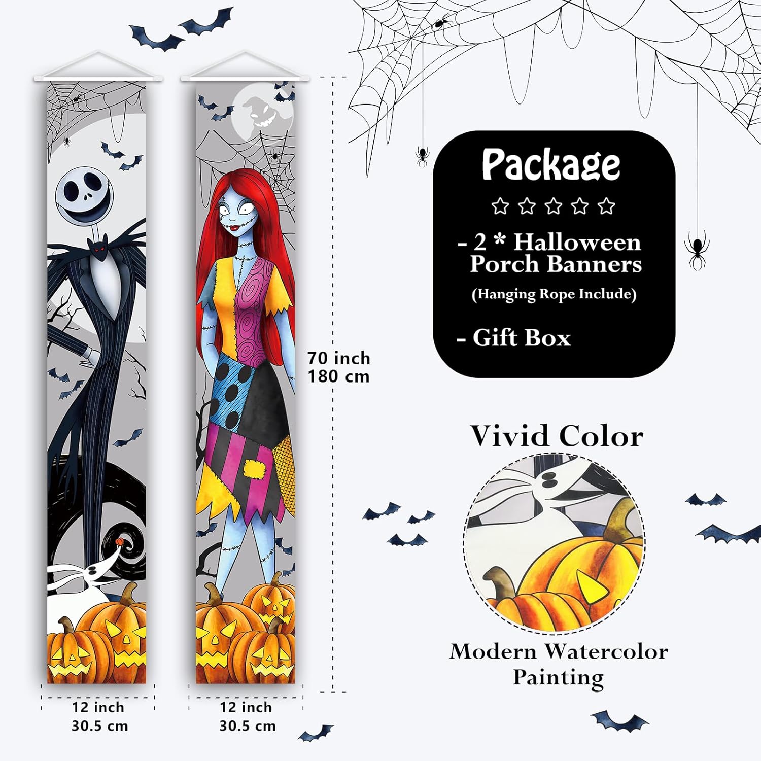 Jack and Sally Halloween Banners - 2 PCS Outdoor Porch Signs
