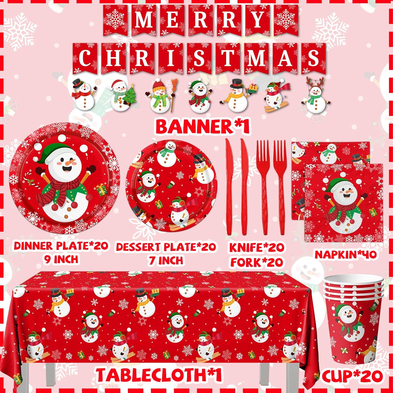 142Pcs Christmas Party Supplies Snowman Plates Napkins Tableware Kit