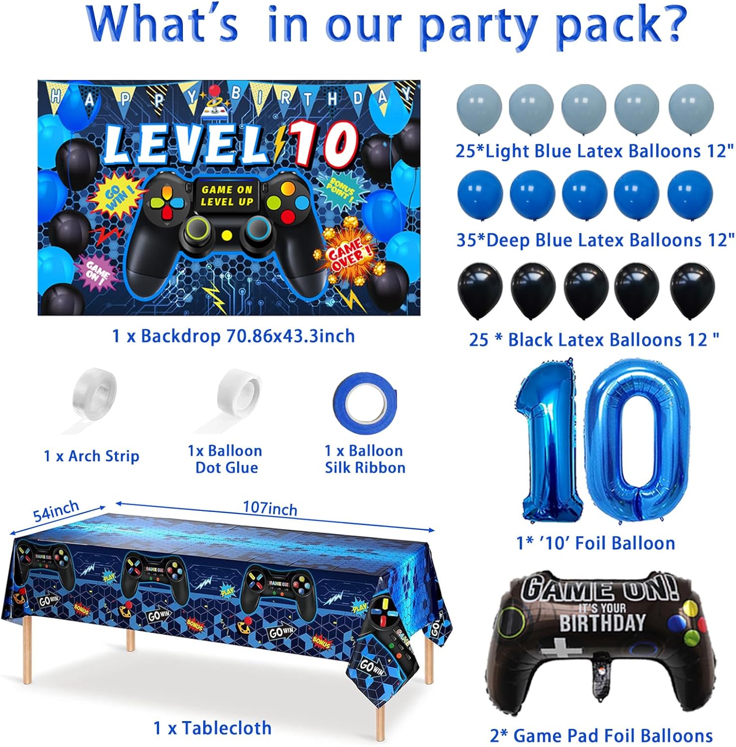 90PCS Blue 10th Birthday Video Game Decorations for Boys