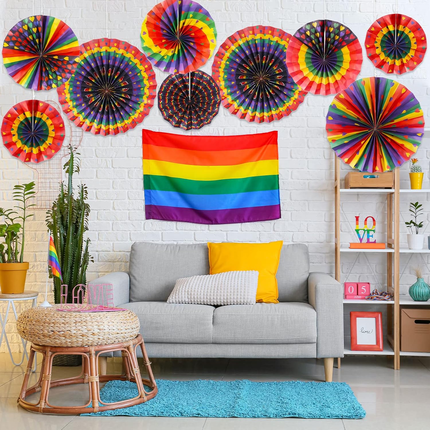 Outus 18 Pcs Rainbow Pride Hanging Fans Decorations